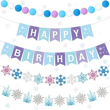 Fanfanwin 5 Pcs Snowflake Happy Birthday Banner Blue Snowflake Banner with Felt Castle Decorations Winter Holiday Party Decorations for Birthday Christmas