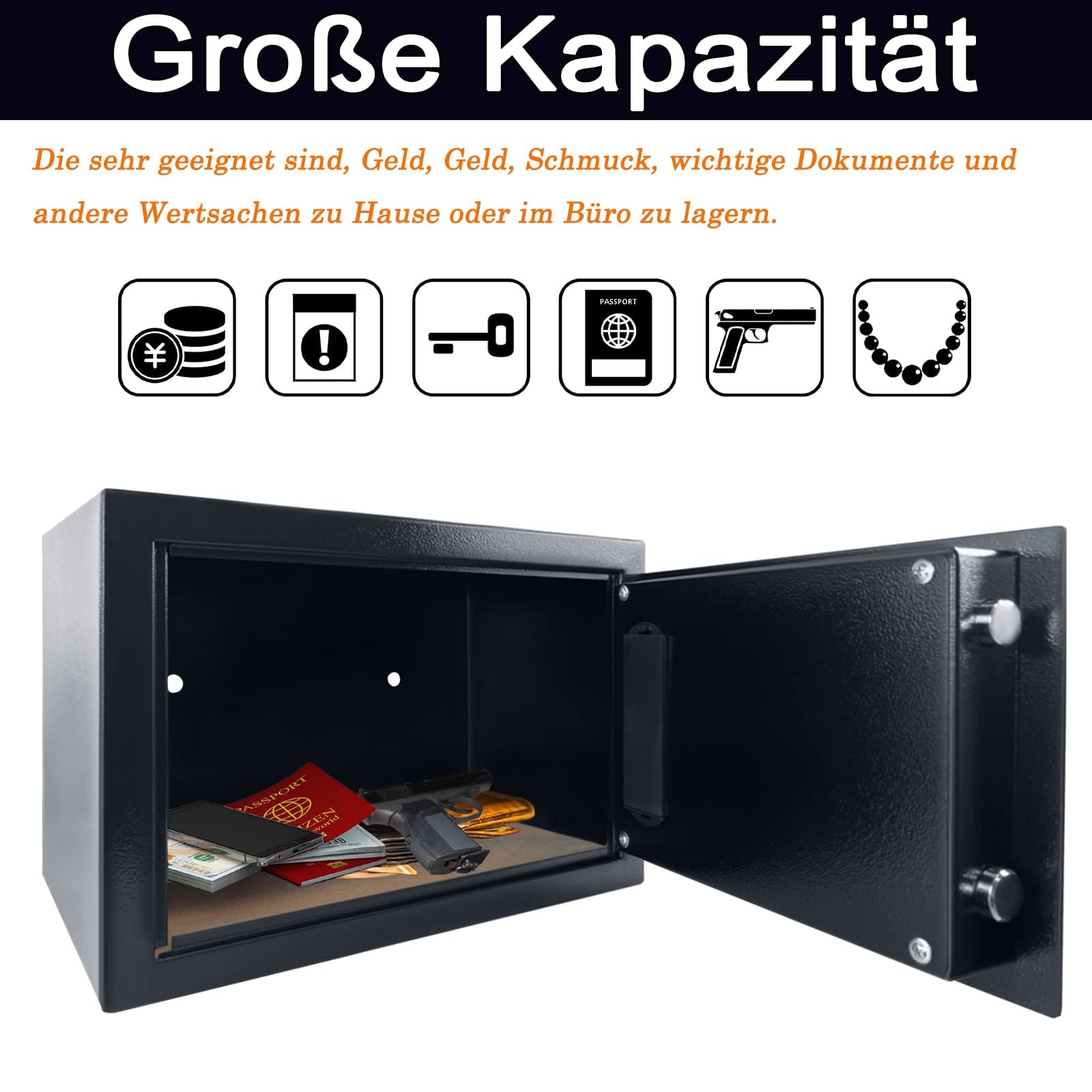 YRHome Mini cassaforte per la casa, 34 l, piccola cassaforte per mobili, in acciaio ferro, con password digitale, 2 chiavi di sicurezza, scatola per batterie e funzioni di allarme