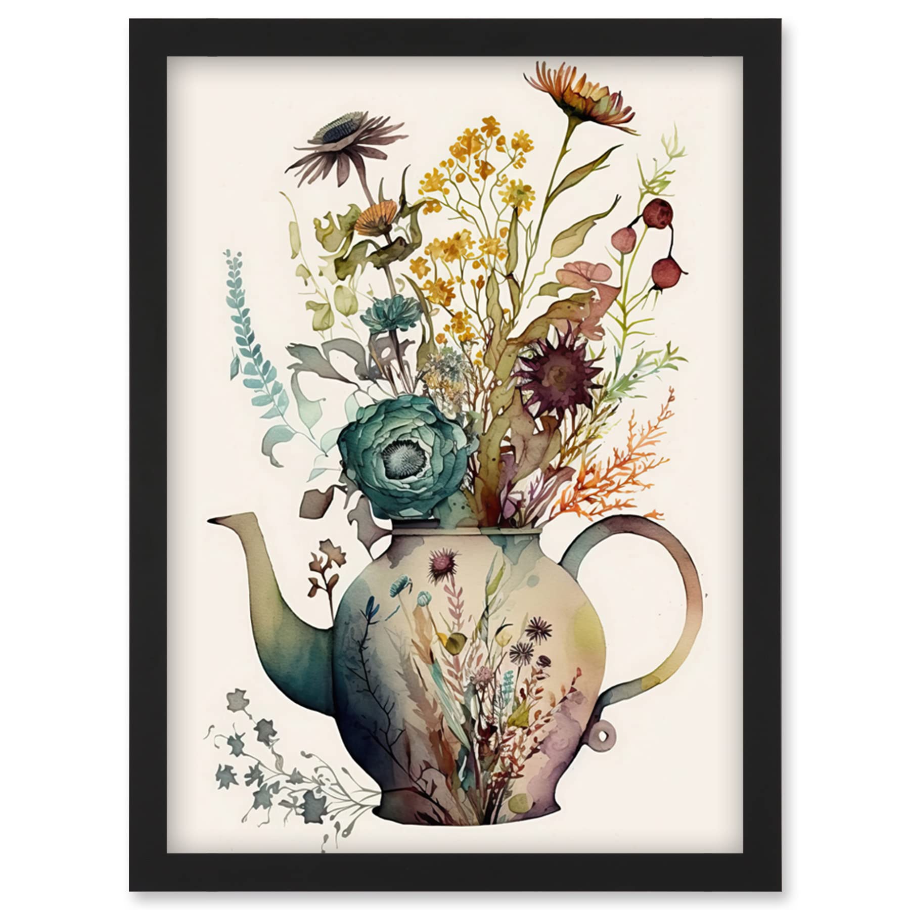Flower Bouquet in a Floral Pattern Ceramic Teapot Framed Art Picture Print A4