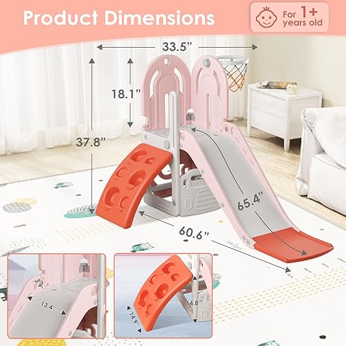 Miniatura 6 de Tobogán 4 en 1 para niños pequeños de 1 a 3 años con aro de baloncesto y pelota, tobogán para niños, para interiores y exteriores, patio trasero,