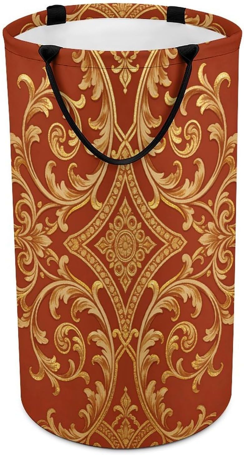 Red Walls And Golden Vines Laundry Hamper with Handles Waterproof Collapsible Laundry Basket Large Lightweight Round Dirty Clothes Hamper for Home Dorm Bathroom Decor