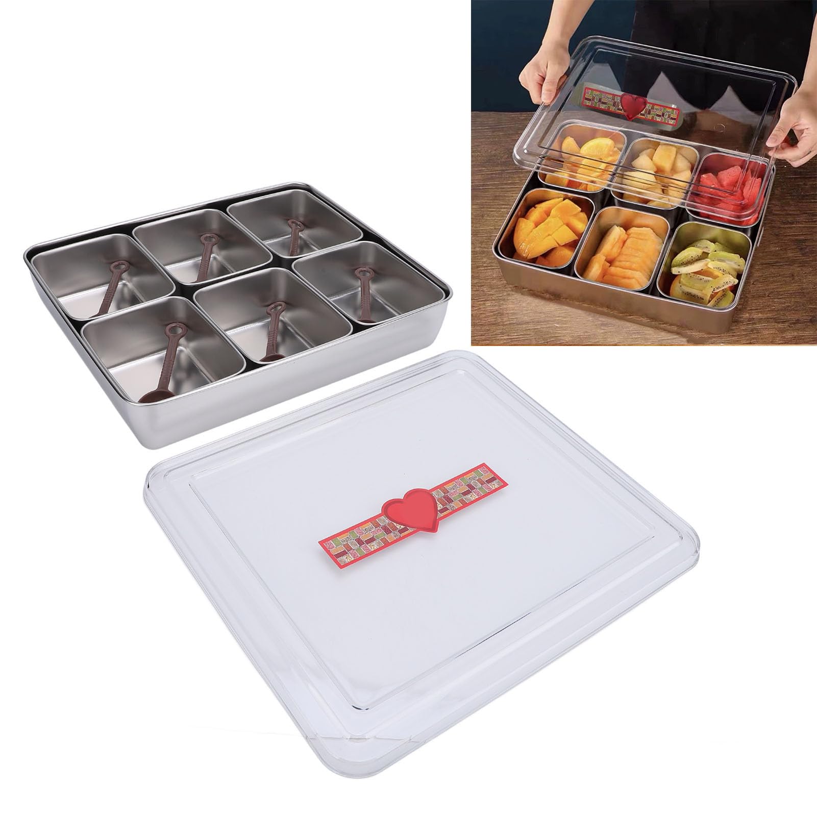 Divided Serving Tray, Divided Condiments Container Heat Cold Resistant with 6 Spoons for Home (Stainless Steel)