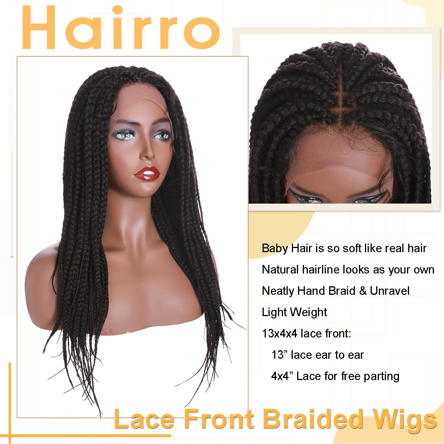 Hairro Braided Wigs For Black Women 20" Lace Front Wig Hand Tied Box Braid Wigs Synthetic Hair Glueless Lace Frontal Wig With Baby Hair Lightweight Cornrow Braids Wig Natural Color