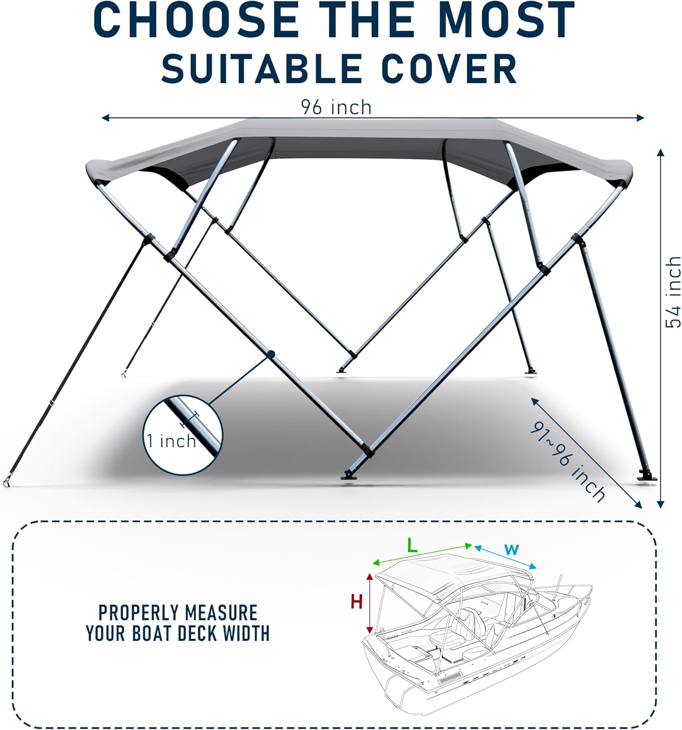 4 Bow 91"-96" W Bimini Top for Boat, 900D Boat Canopy Includes 2 Straps 2 Rear Support Poles, Jon Boat Sun Shade Cover, Folding Pontoon Bimini Top with Frame, Gray