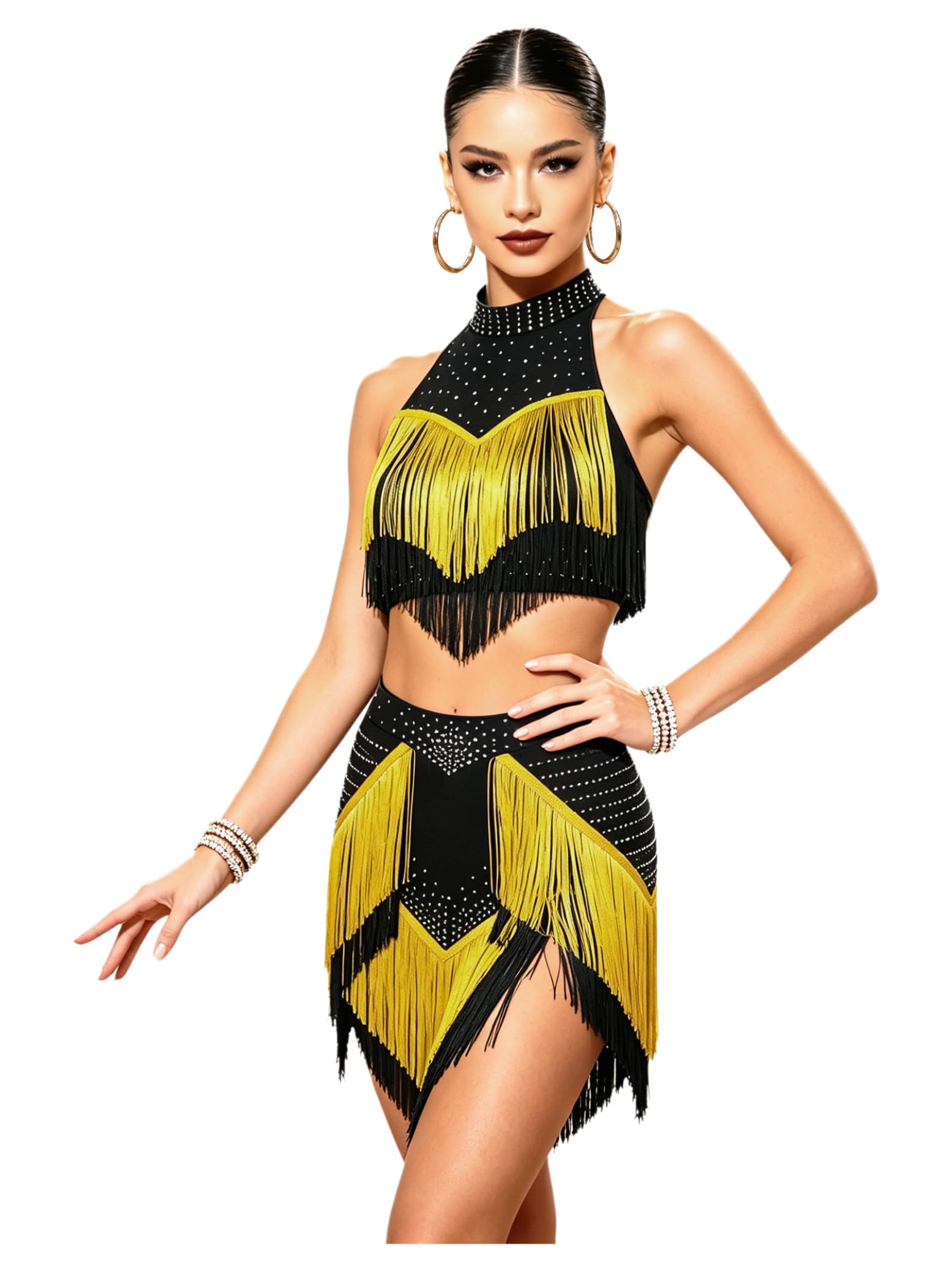 Traje Profesional de Danza Adulto con Borlas en Capas y Pedrería Brillantes | Ropa de Baile de Competición de Salón para Latín Jazz Swing Rumba Chacha‑chá Espectáculo En Escena Actuación S-XXL