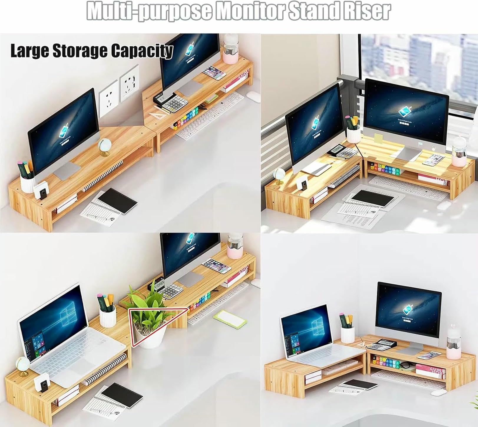 Supporti per Laptop, Supporto per Monitor angolare da scrivania, Supporto per Laptop in Legno con Contenitore, ripiano Multiuso per Computer e Stampante.