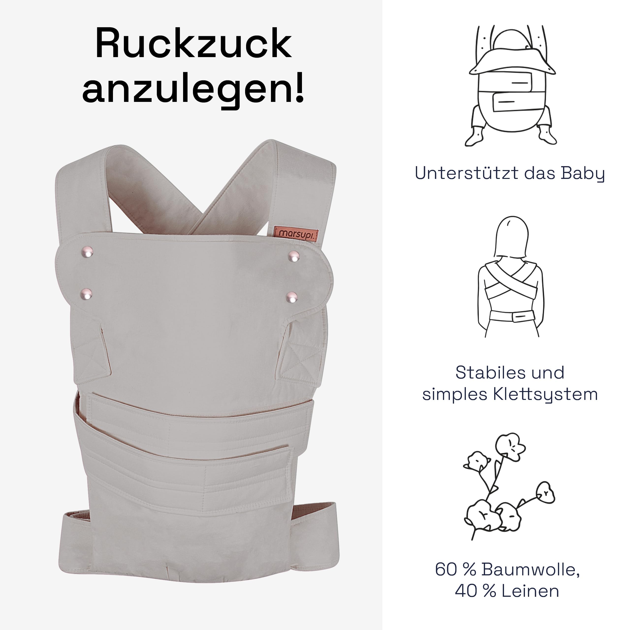 marsupi Babytrage für Neugeborene ab Geburt bis 15kg - kompakte Babytrage mit stabilem Klettsystem - aus luftigem Baumwoll-Leinen-Gewebe, Lightgrey (L)