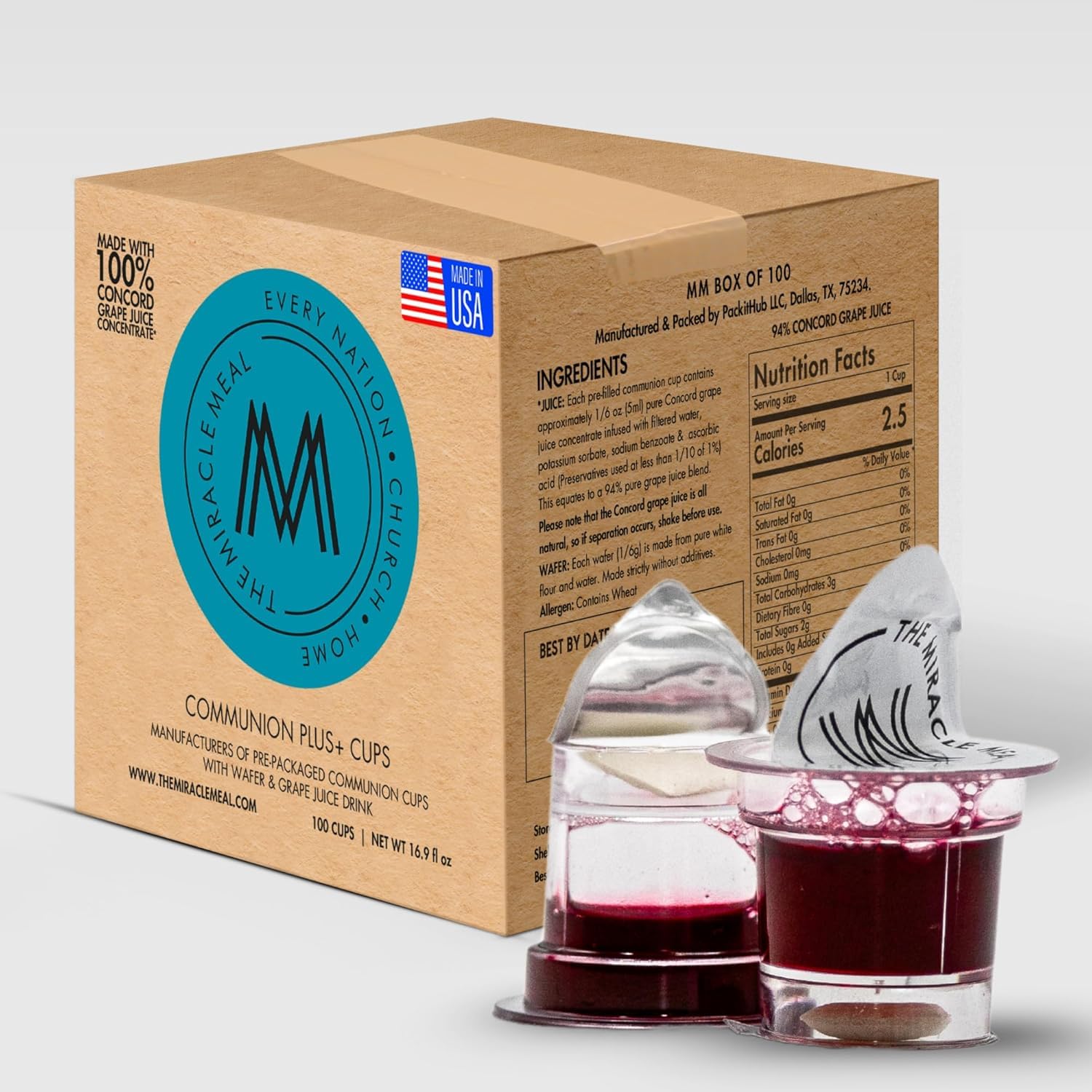 PACK IT HUB The Miracle Meal Communion Plus + Cups will simplify your communion experience: 100% Concord Grape Juice & Wafer - Box of 100 - Premium Quality - Made in the USA