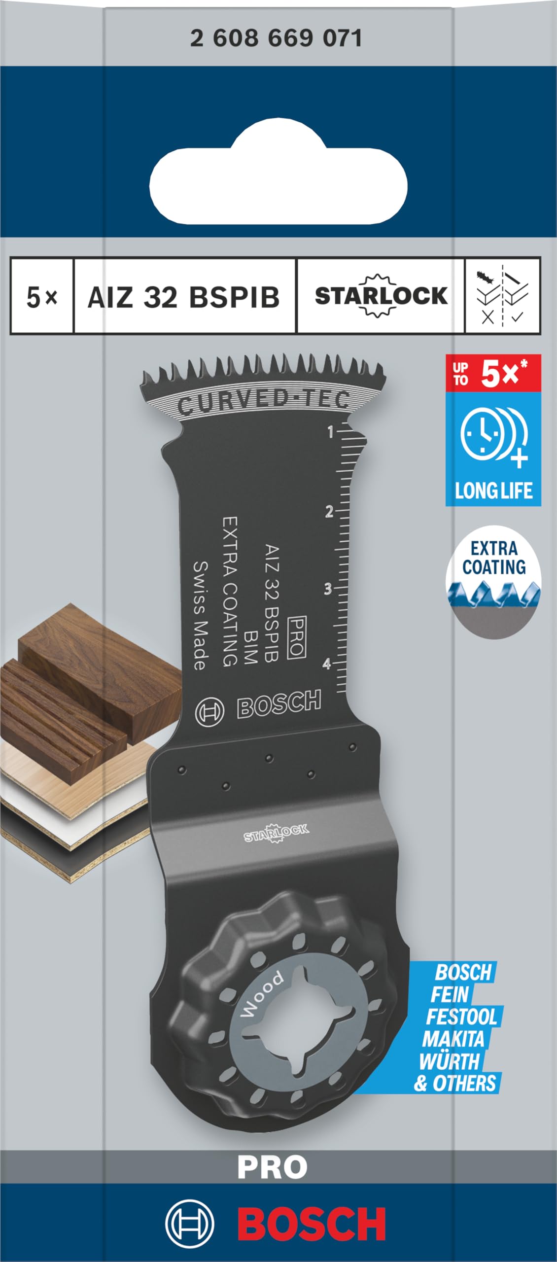 Bosch 5x Lame pour outil multifonctions PRO Multi Material AIZ 32 BSPIB (pour Bois dur, Panneaux plastifiés, Largeur 32 mm, Professional Accessoire Outil multifonction)