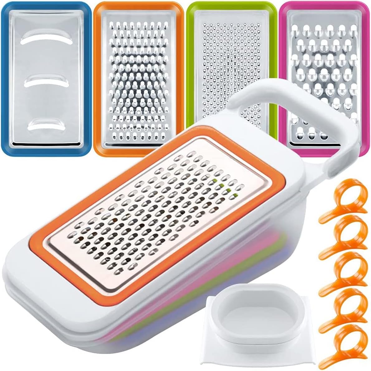 Multi Function Mandolin Slicer,4 PCS Fruit and Vegetable Slicer,with Container, Slicer,Chopper,Vegetable Slicer,with Guard,Suitable for Restaurants with 5 Citrus Peelers,White