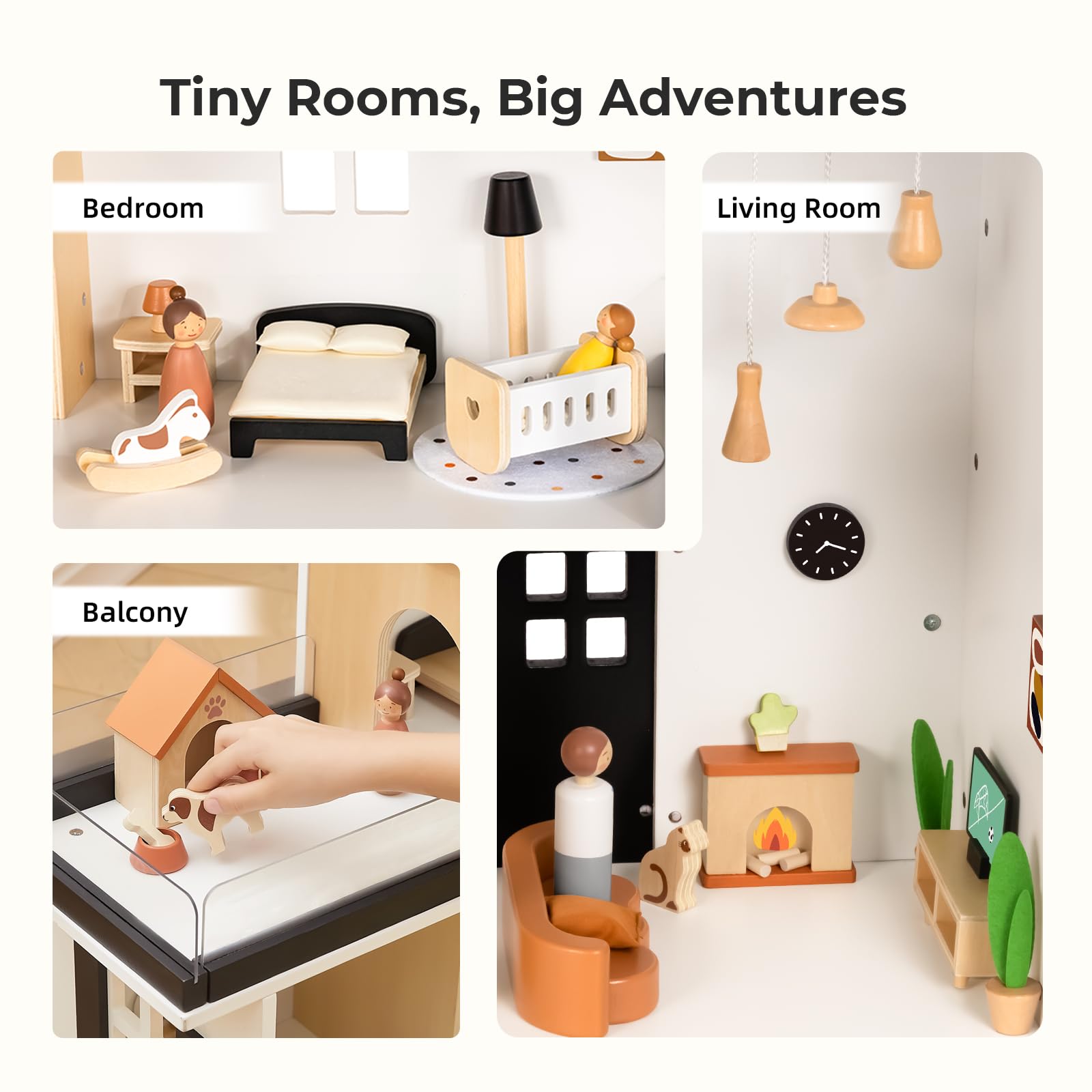 OOOK Puppenhaus Holz, Dollhouse mit 66 Möbel & Zubehör, Puppenhaus ab 3 Jahre Mädchen und Jungen, Spielzeug Geschenke für Kinder inklusive Puppen und Tier Sets