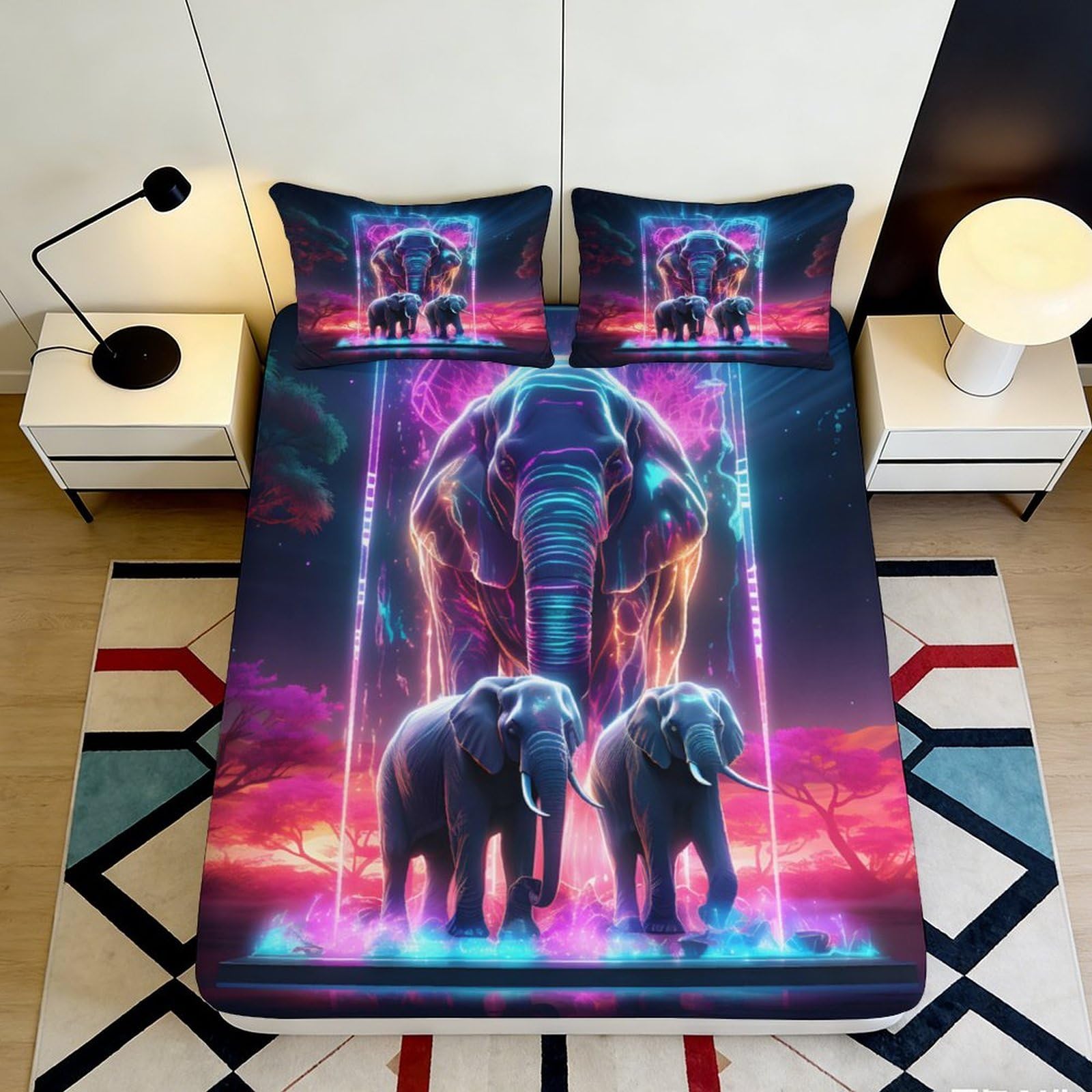 3D Printed Neon Elephant Fitted Sheet Microfiber Soft Breathable Safari Sunset Mattress Cover for Bedroom Decor 90x200x25cm