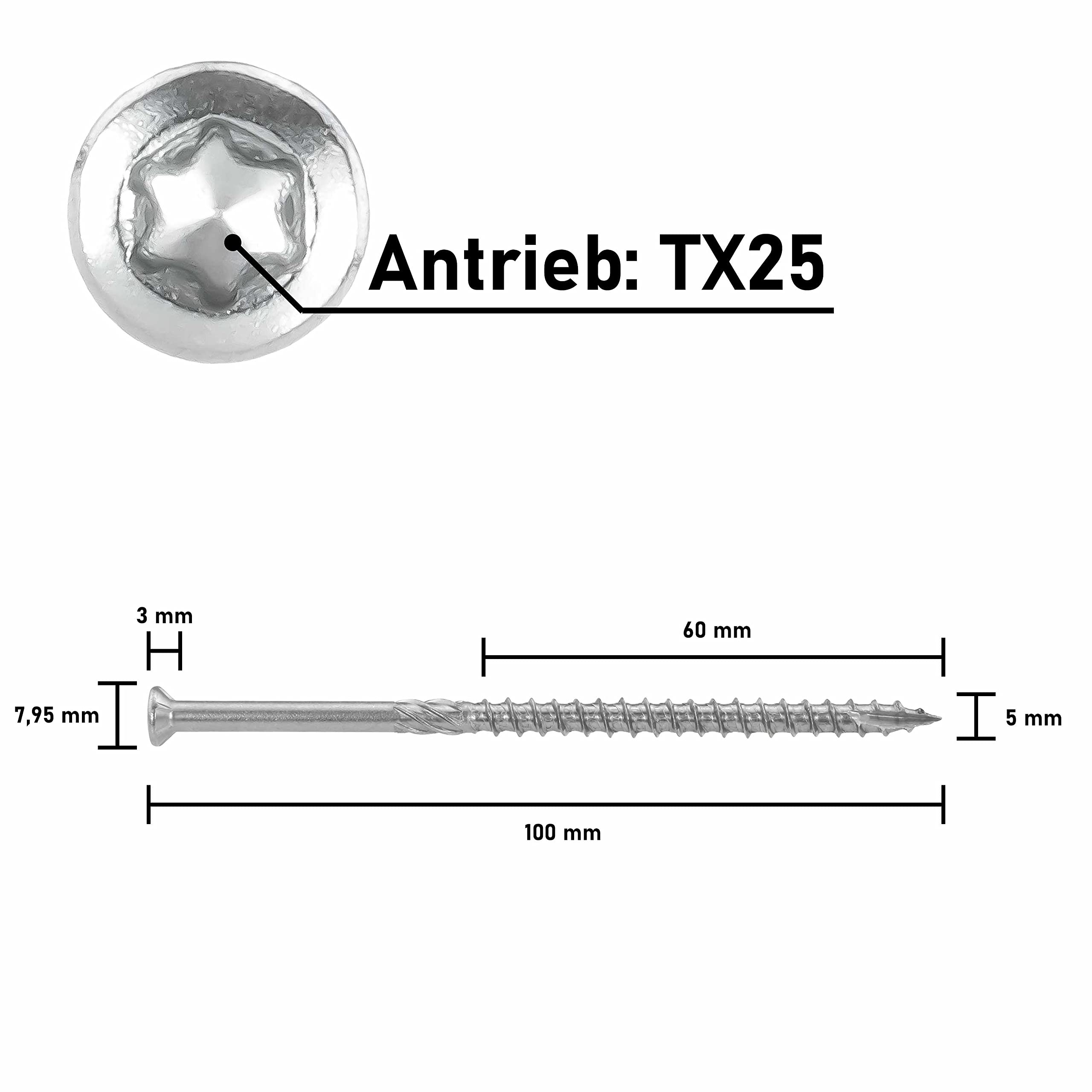 Terrassenschrauben T-INOX A2 Edelstahl V2A rostfrei, Reibteil, Schneidkerbe, TX25, 5x100 mm - 200 Stück