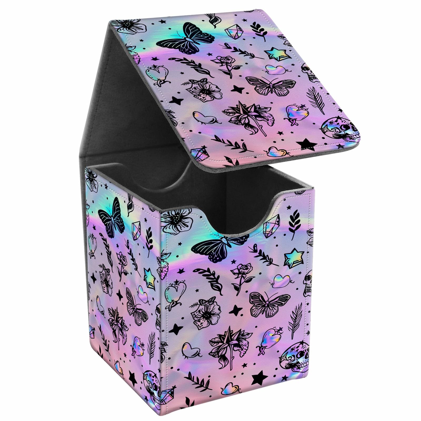 JANENFNA Card Deck Box, Card Storage Box Fits 100+ Single Sleeved Cards, Large Capacity PU Leather Card Storage Box with Strong Magnet for Magic Commander TCG CCG, Cute Iridescent Butterfly