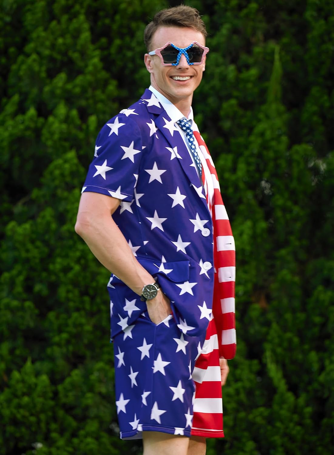 Mainfini Men's 3 Pcs American Flag Suit 4th of July Blazer with Shorts Tie (S-XXL)