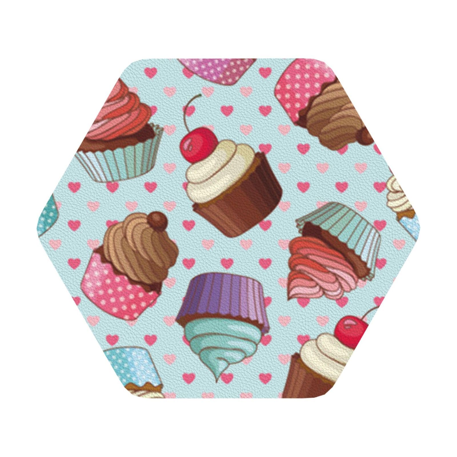 Cupcake Pattern PU Leather Coasters Set of 6 Hexagon Drink Coasters