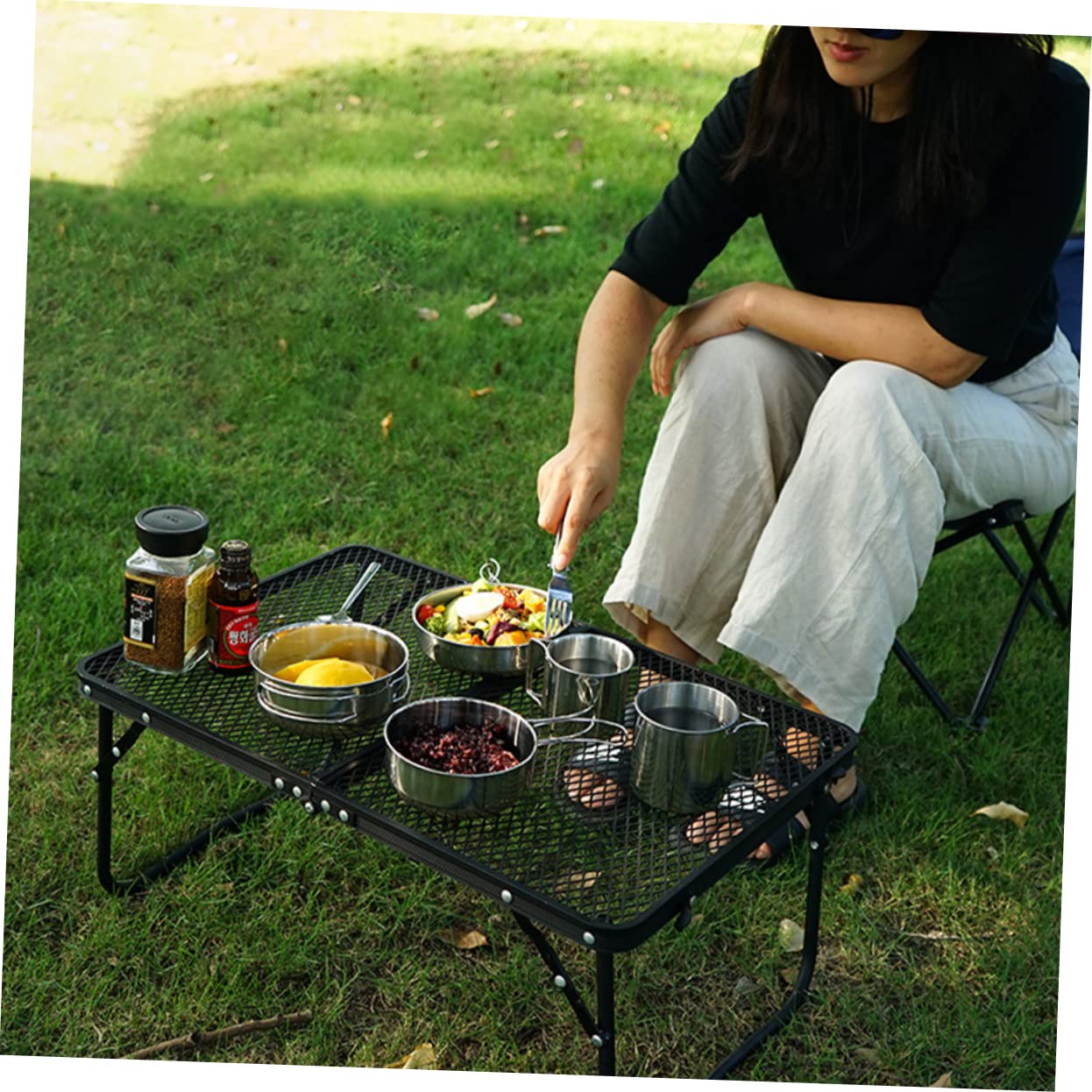 Ensemble de Vaisselle de Camping Portable 5 Pièces en Acier Inoxydable | Poignée Pliable, 1 Set Casserole, Grand Bol, Petit Bol, Grosse Tasse et Petite Tasse
