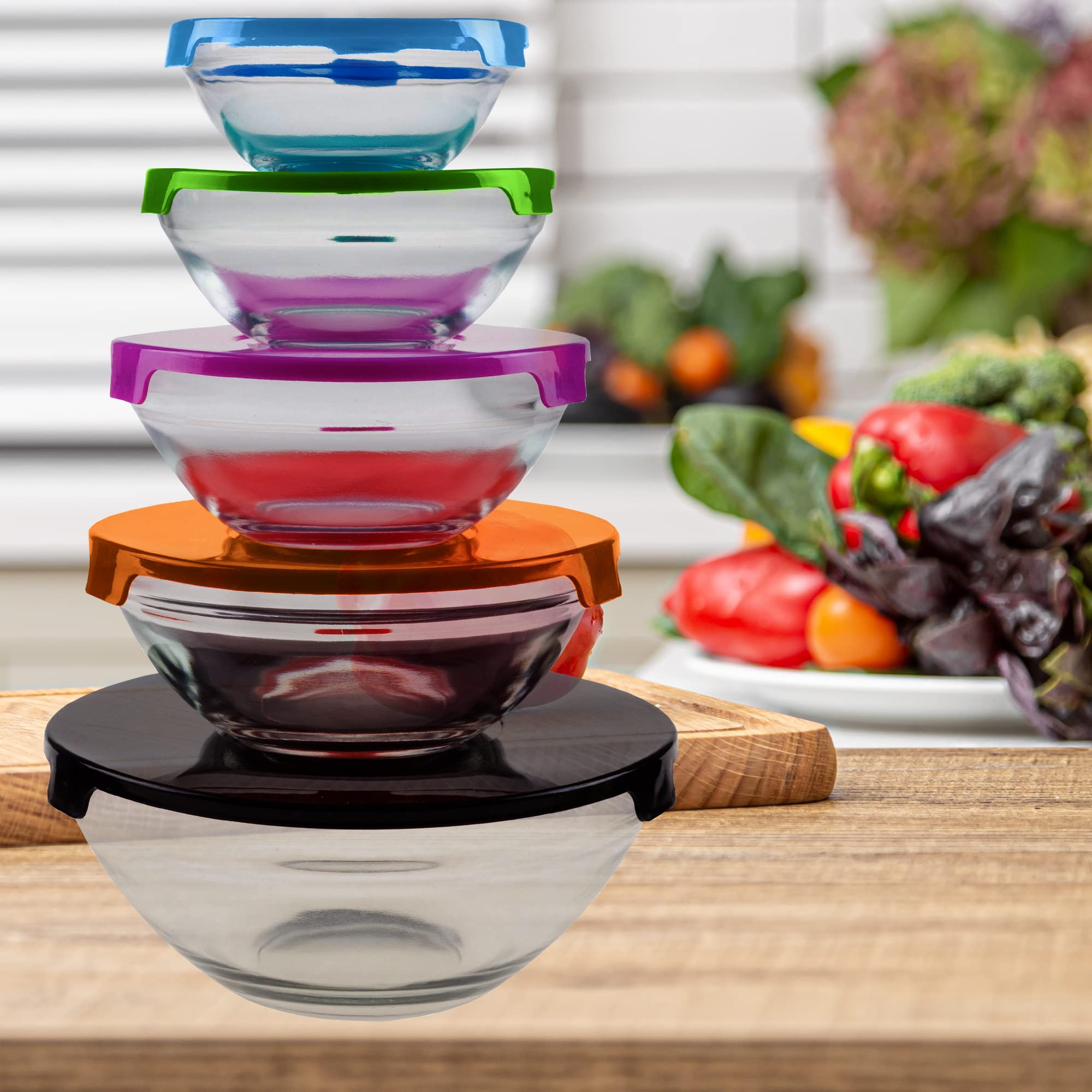 SAMTEK Glass Bowls with Lids - 5 Piece Glass Salad Bowl Set - Meal Prep  Containers with Colorful Lids - Food Storage Containers for Baking,  Serving, Dishwasher Safe : Amazon.co.uk: Home & Kitchen