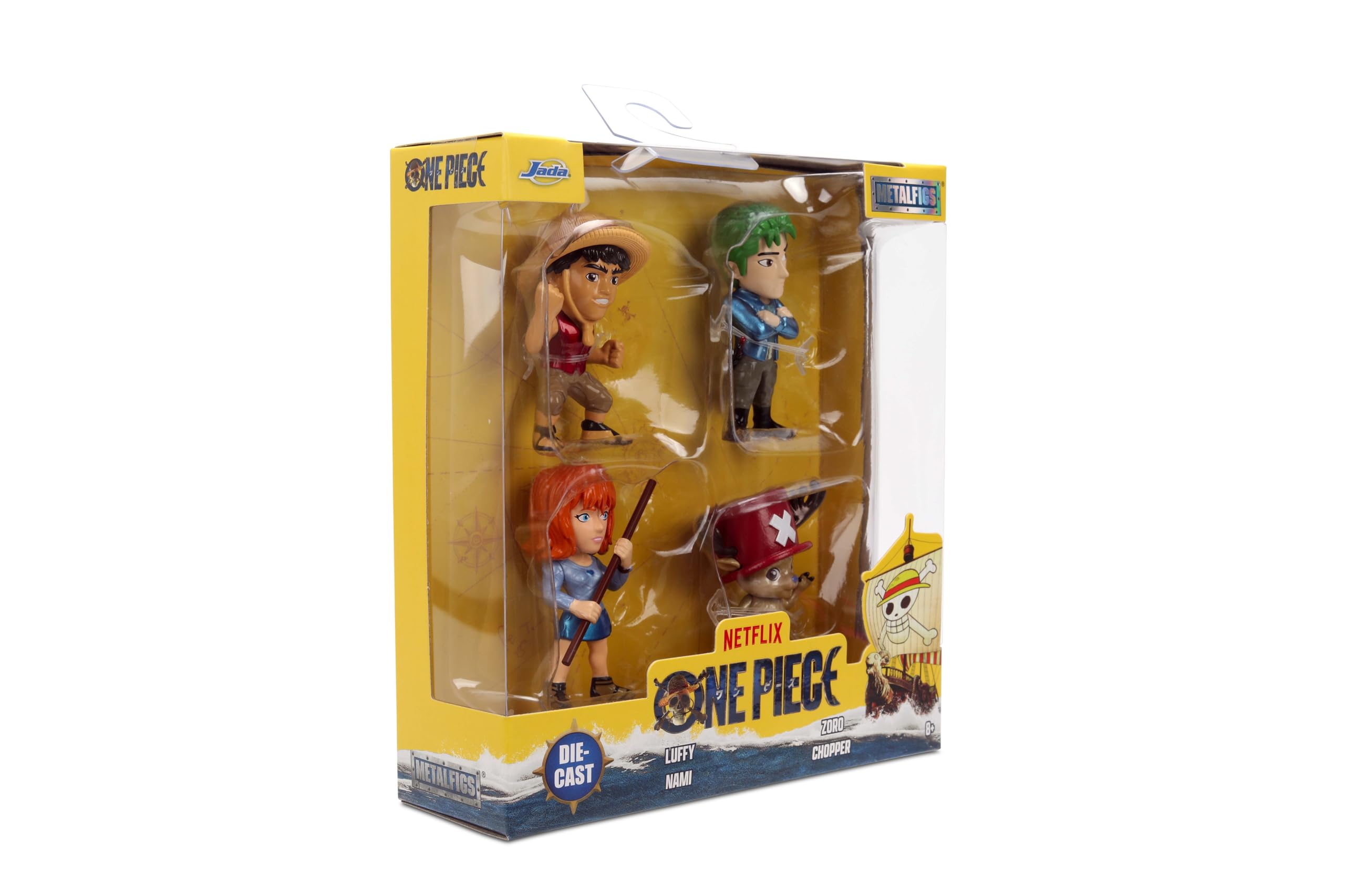 Jada Toys One Piece Netflix - Set di 4 statuine in metallo pressofuso serie 1, motivo: Rufy, Nami, Zoro e Chopper