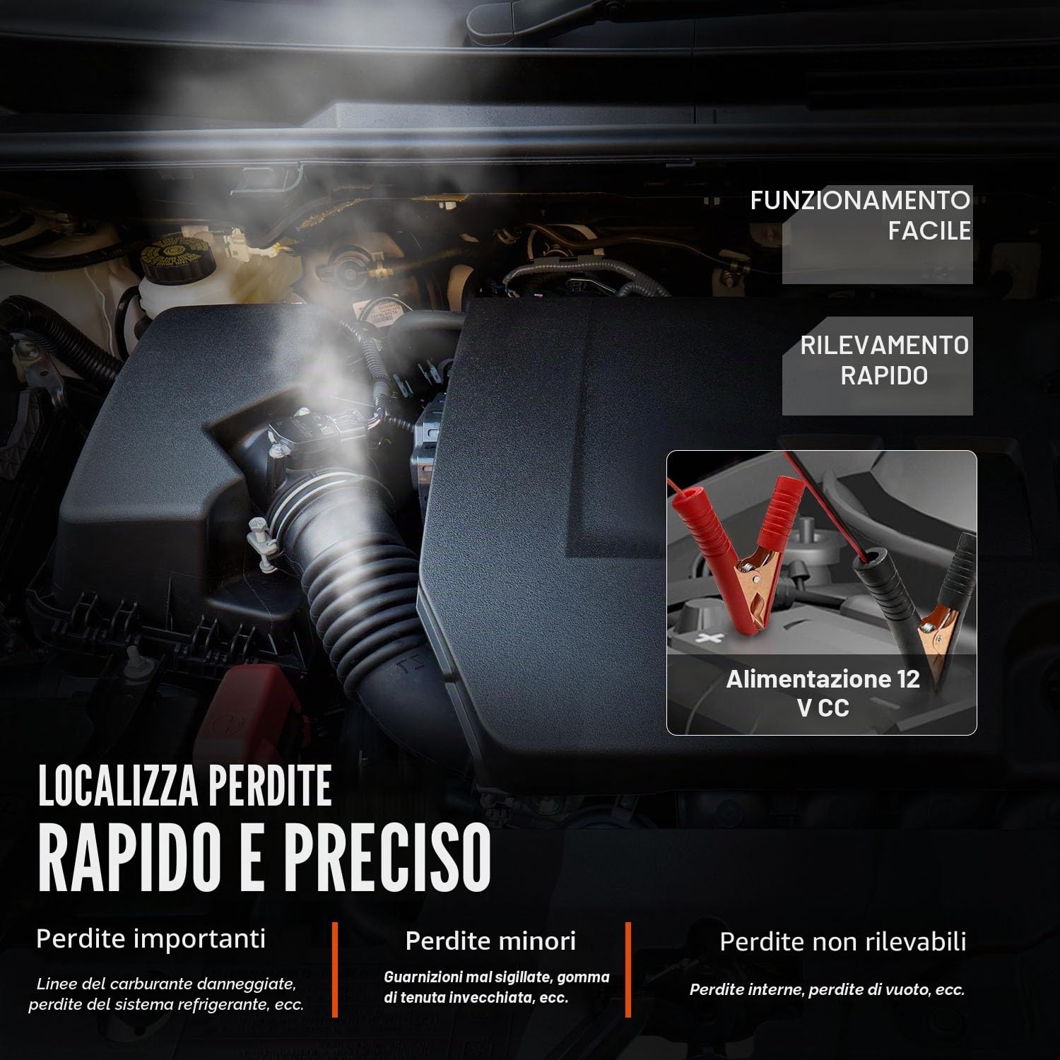 Rilevatore di Fumo per Perdite Auto con Pompa d’Aria Integrata – Macchina del Fumo Diagnostica per Test EVAP, Sistema del Vuoto, Perdite Carburante – Compatibile con Veicoli a 12V DC