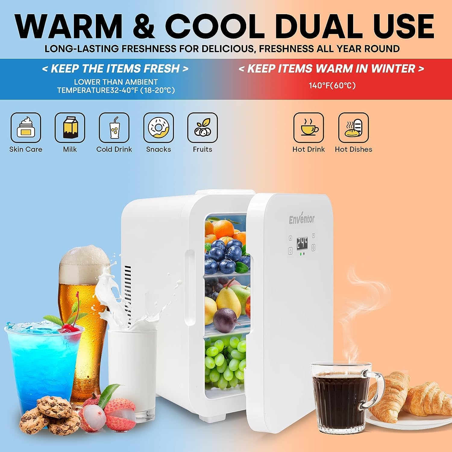 Enventor Mini Lodówka 10L, AC + 12 V DC, chłodziarka i podgrzewacz, przenośna mini lodówka z wyświetlaczem temperatury LCD do samochodu, podróży, pielęgnacji skóry, napojów, żywności (biała)