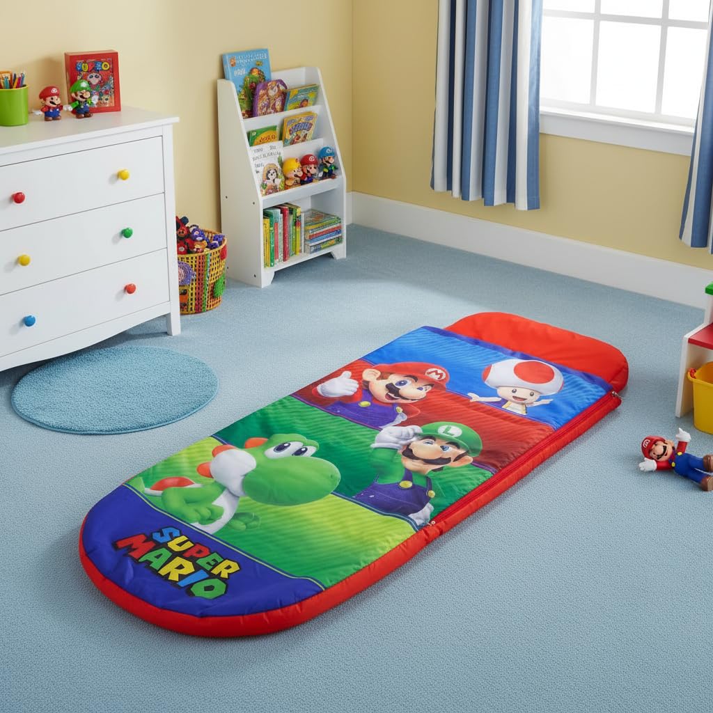 Nintendo Offiziell lizenzierte ReadyBed Luftmatratze | Aufblasbares Kinderbett mit integrierter Schlafsackfunktion und Pumpe | Design „Squad“ | Perfekt für Reisen, Camping oder Zuhause