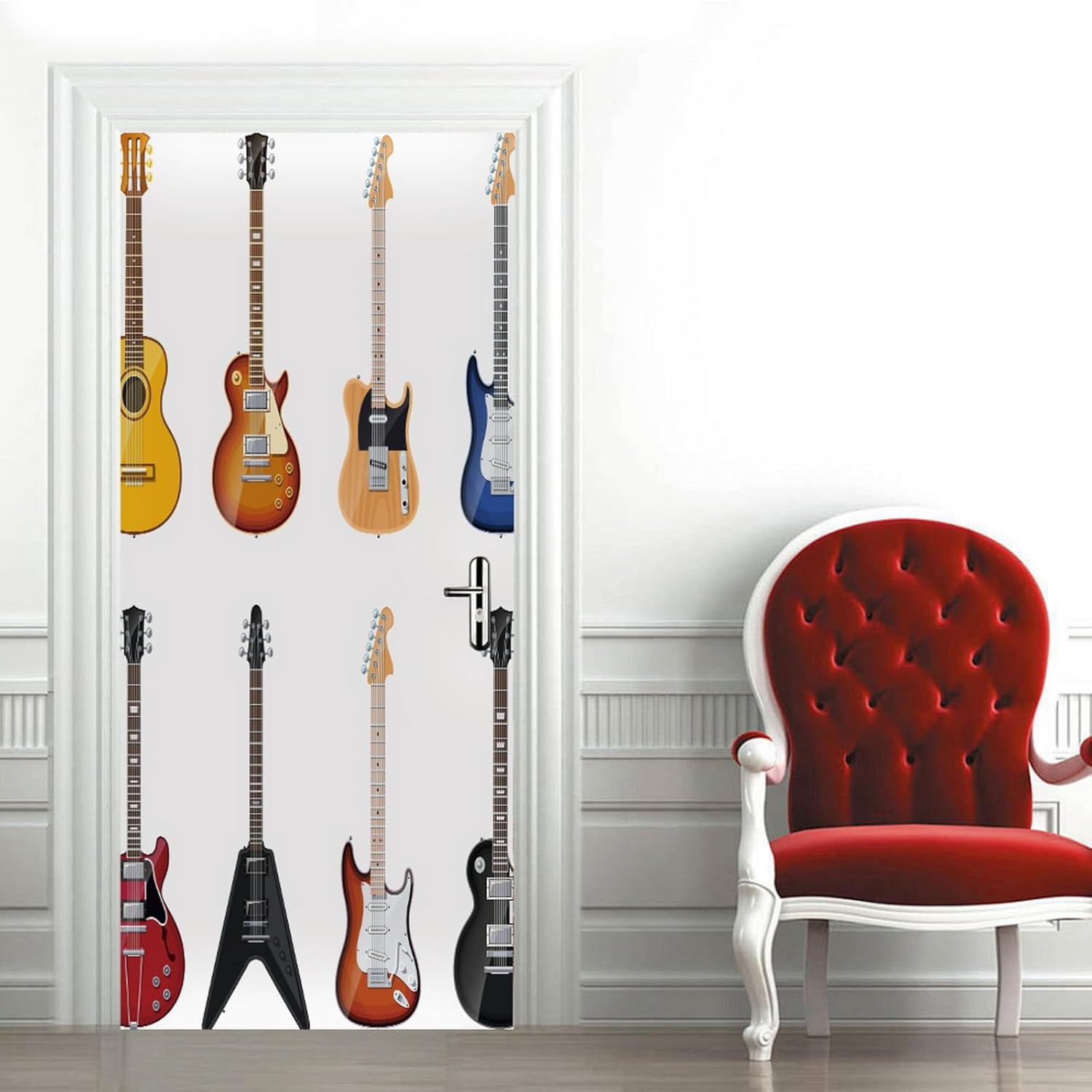 A.Monamour 3D Door Stickers for Interior Doors Guitars Pattern on White Background Vinyl Waterproof Self Adhesive Door Mural Decals for Bedroom Office Bathroom 77x200cm