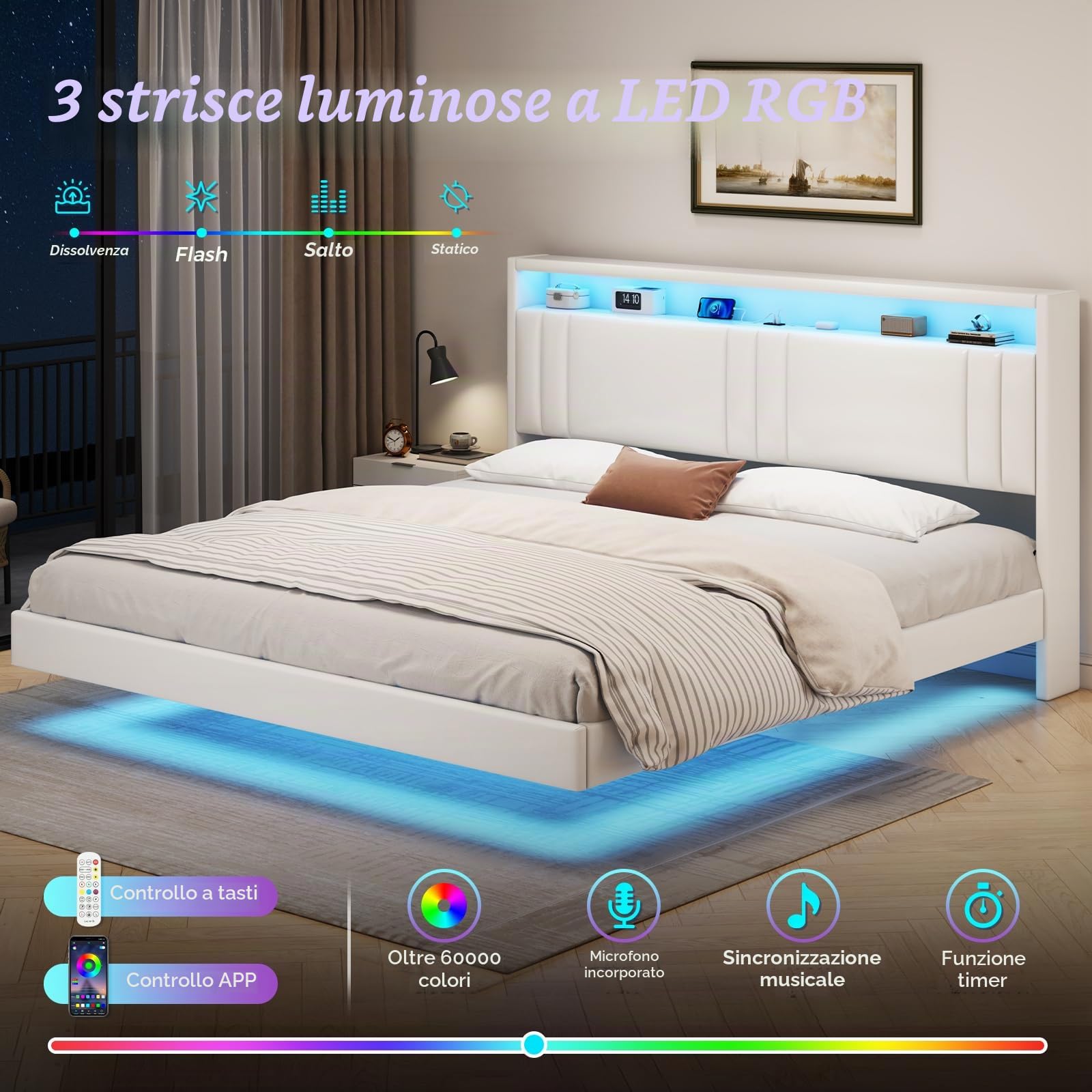 KIMENICH Letto 180 x 200 cm, Struttura Letto con Illuminazione a LED, Stazione di Ricarica, Effetto Visivo Galleggiante, Struttura del Lettos con Rete a Doghe, per Camera da Lettos, PU bianca