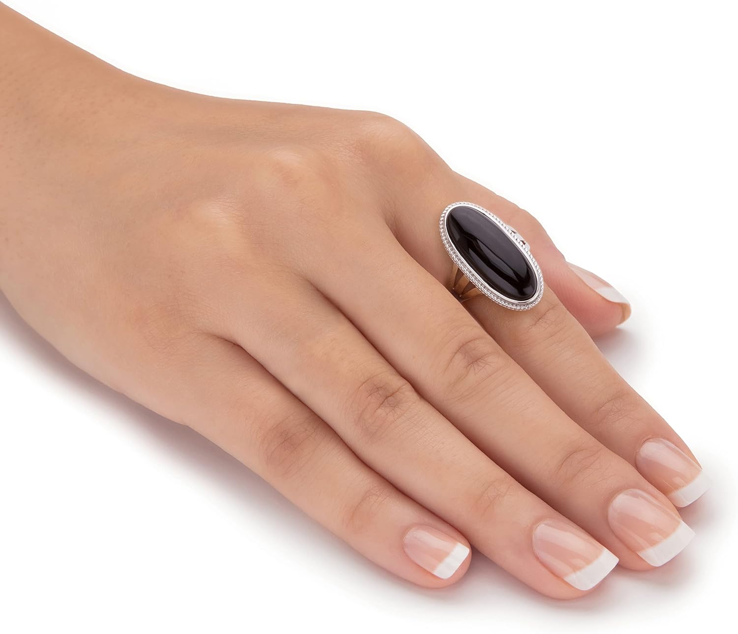 PalmBeach Sterling Silver Oval Shaped Natural Black Onyx Spllit Shank Ring Sizes 6-12