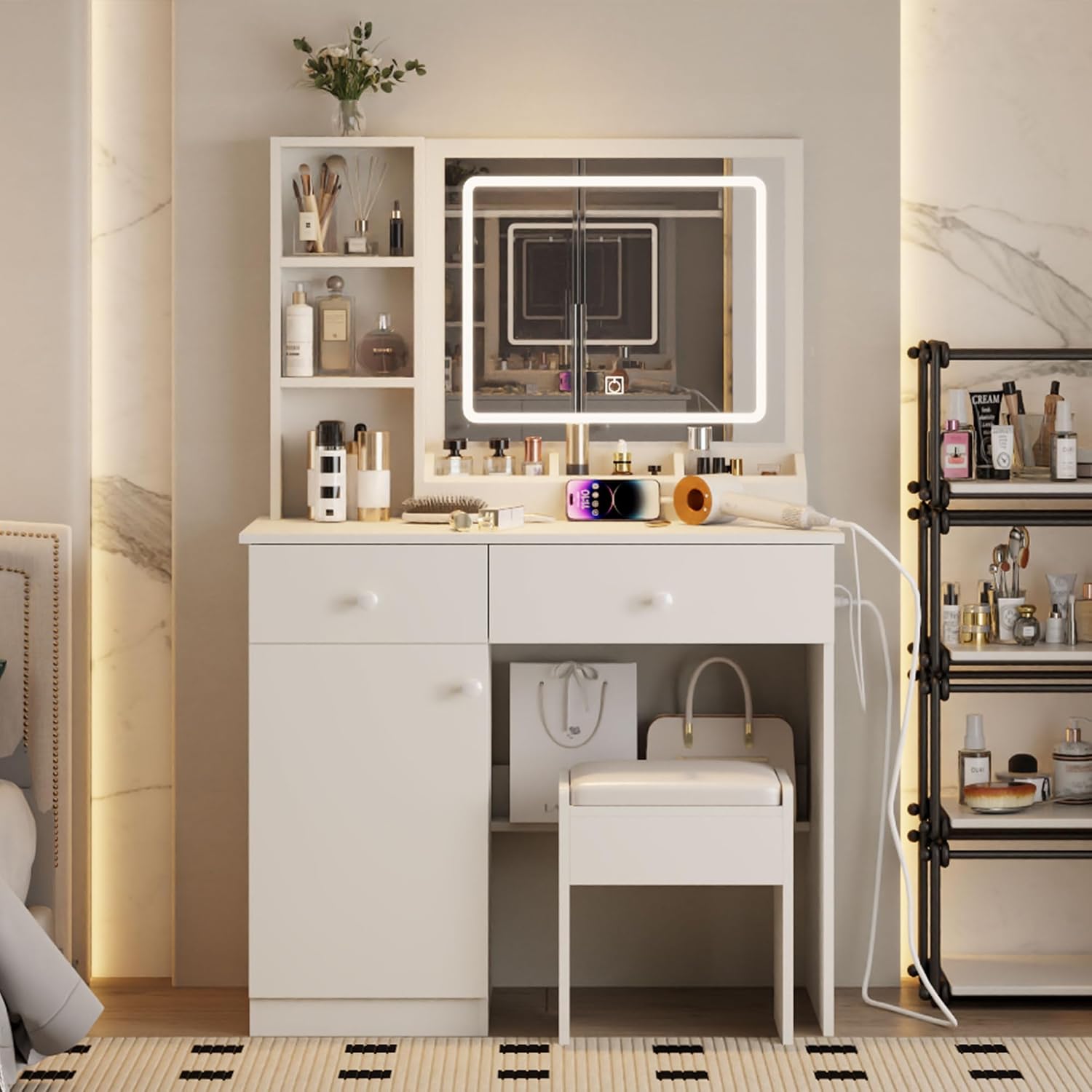 Runboll Vanity Desk with Charging Station, Makeup Vanity with Mirror & Lights, Dressing Table Chair Set with Large Storage Space, Detachable Divider Drawer