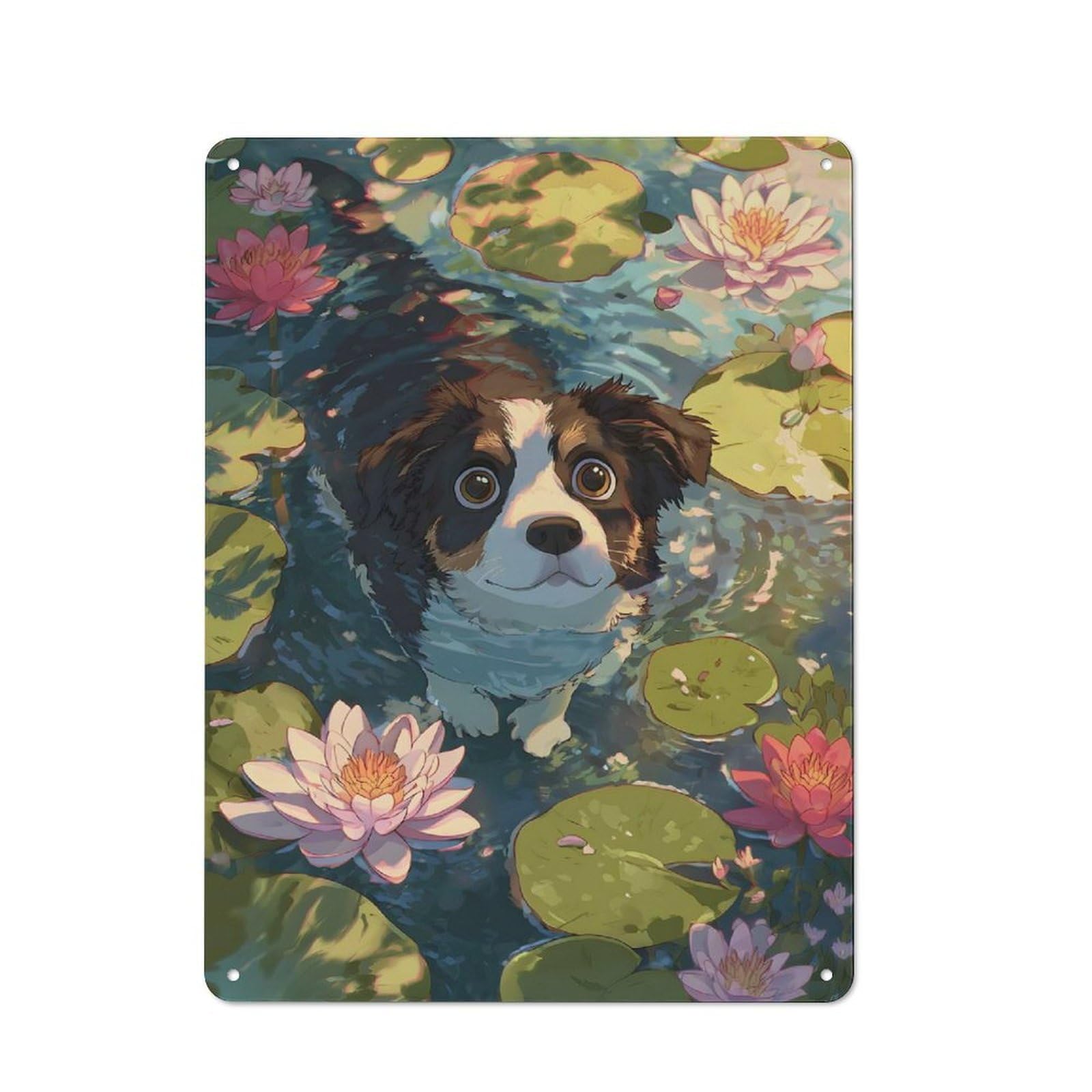 Junmoney Style-6 Dog In Lily Pond Illustration Retro Metal Wall Sign 40X30cm For Guest Room Or Hallway, A Housewarming Gift For Home Decor Collectors