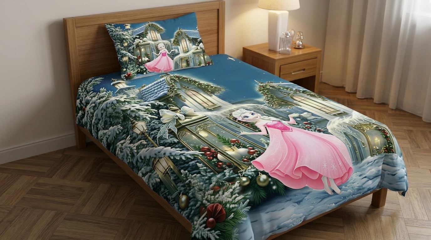 7D Cartoon Kids Single Flat Bedsheet with 1 Pillow Cover, 60x90 Inch Cotton Bed Sheet, Ultra Soft Breathable Fabric, Colorful Fun Design Bedding for Kids Single Bed (Princess)-image-0