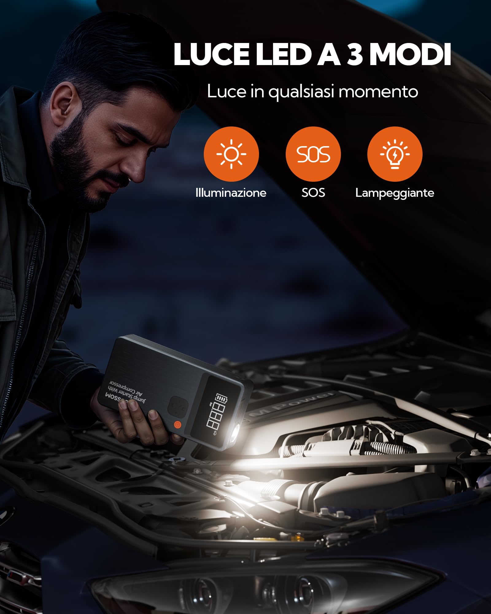 Booster Avviamento Auto,Avviatore per veicolo con Compressore Aria Portatile,44.4Wh Avviatore Batteria Macchina,Jump Starter con LED Torcia,Ricarica USB-C,7in1 Kit di Viaggio e Attrezzi di Emergenza