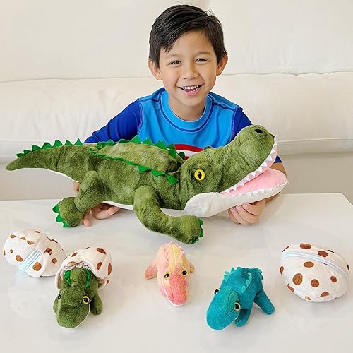 Vista 214 de Juego de 7 juguetes de peluche de dragón verde gigante de 21.7 pulgadas, animal de peluche con 4 bebés y 2 huevos, dinosaurios de peluche para niños