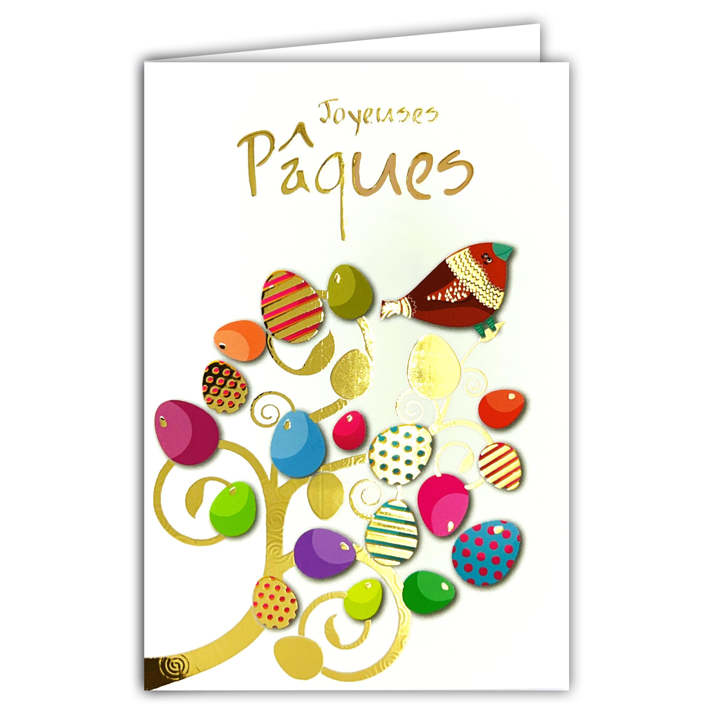 62-1024 Happy Easter Card in Shiny Gold Gold with Envelope 12 x 17.5 cm – Illustration Colourful Bird Eggs Tree of Life Spring Festival – Creation Edition Print Made in France