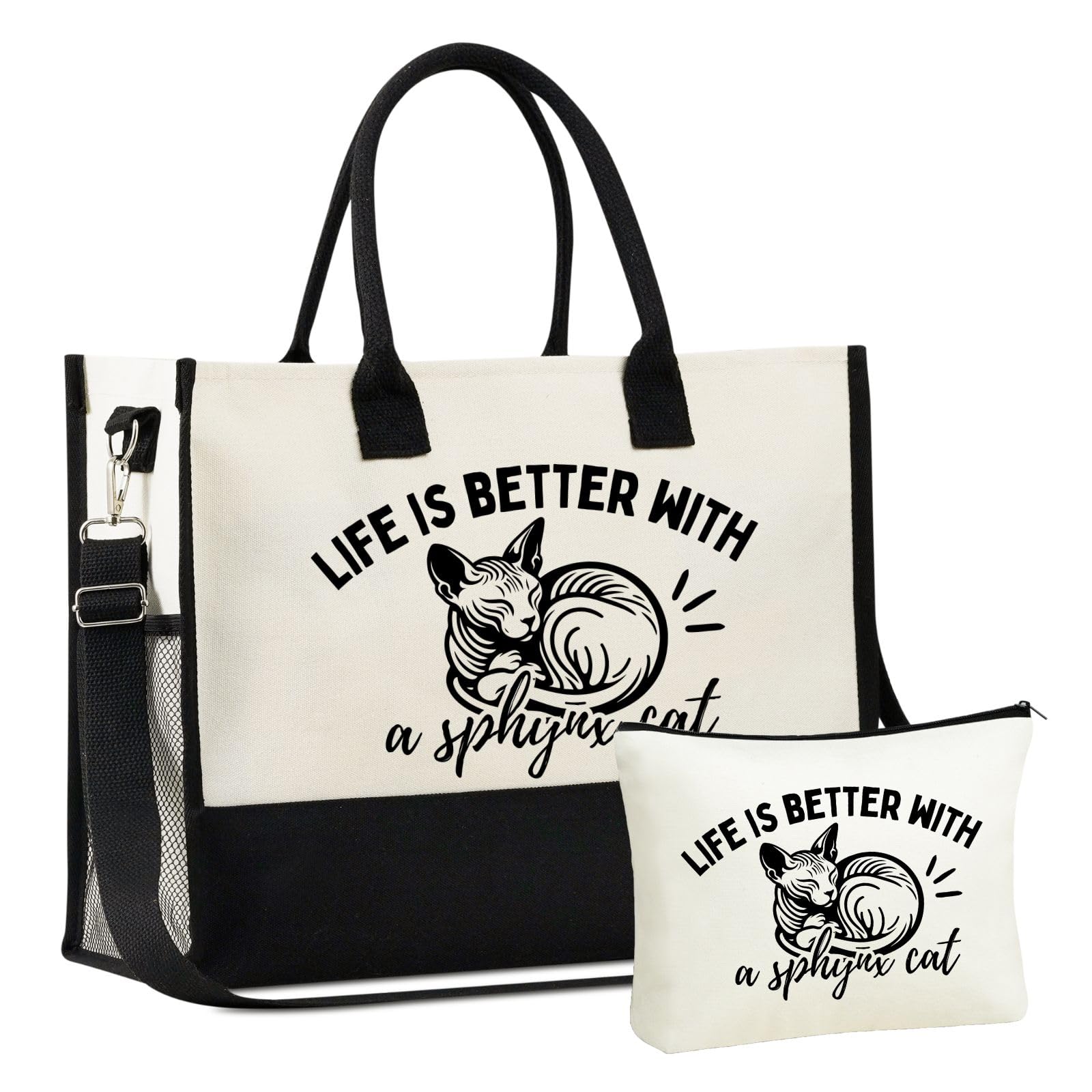 InnoBeta Sphynx Cat Gifts, Cat Lover Gifts, Mother's Day Gifts for Cat Mom, Canvas Tote Bag, Tote with Top Zipper Closure and Shoulder Strap