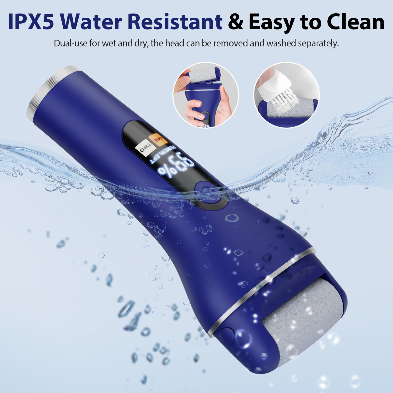 AdamPark Removedor eléctrico de callos para pies con 9 cabezales reemplazables, lima impermeable IPX7 recargable para piel muerta seca y agrietada, exfoliante portátil húmedo y seco (USB-C, azul)
