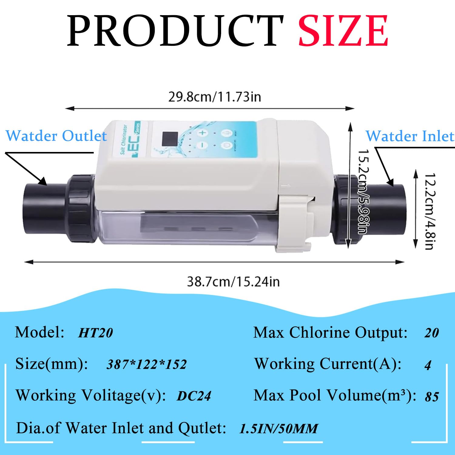Clorador de Agua Salada, clorador de Sal por electrólisis, 20 g/h, 100-220 V, Inteligente, para Piscinas enterradas