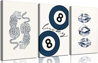 Navy Leopard Wall Art Set of 3 Trendy Lucky 8 Ball Kiss Lips Wall Decor Pictures Funky Blue Cheetah Preppy Aesthetic Posters Prints for Girls Bedroom Apartment Dorm Home Decoration Unframed 12x16in