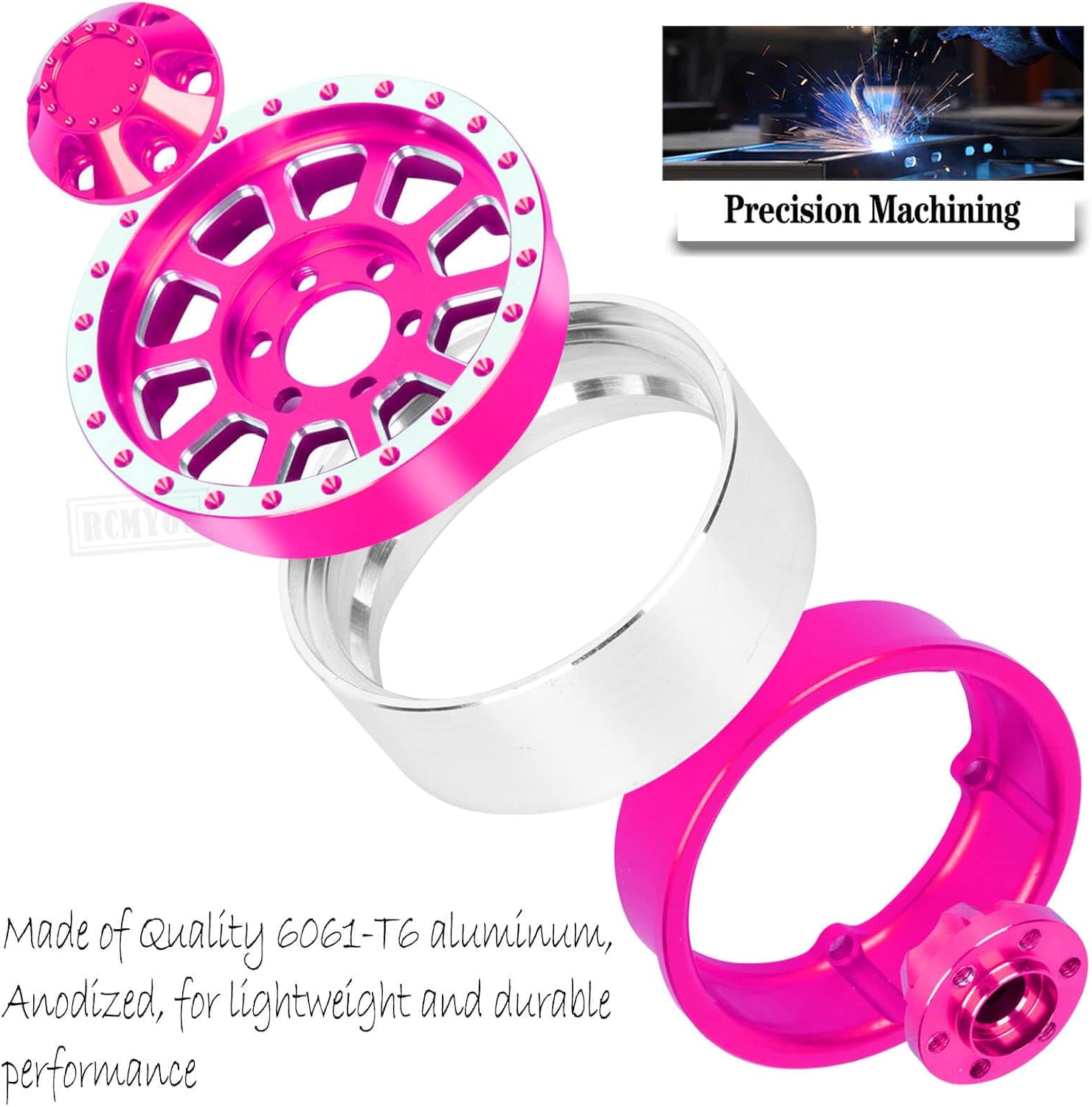 Aluminum RC 1.9 Beadlock Wheel Rims for 1/10 RC Crawler Car TRX4 TRX6 SCX10 SCX10 II 90046 SCX10 III D90 VS4-10 Gen8 CFX MST,Aluminum RC 1.9 Beadlock Wheel Rims,Pink