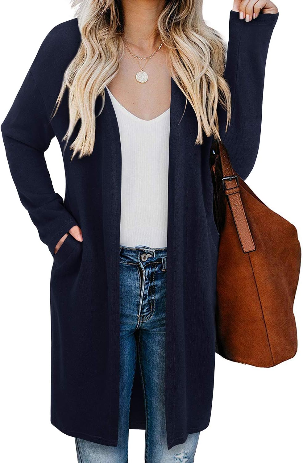 OUGES Women's Open Front Cardigan Shirt with Pockets Long Sleeve Lightweight Coat - Image 2