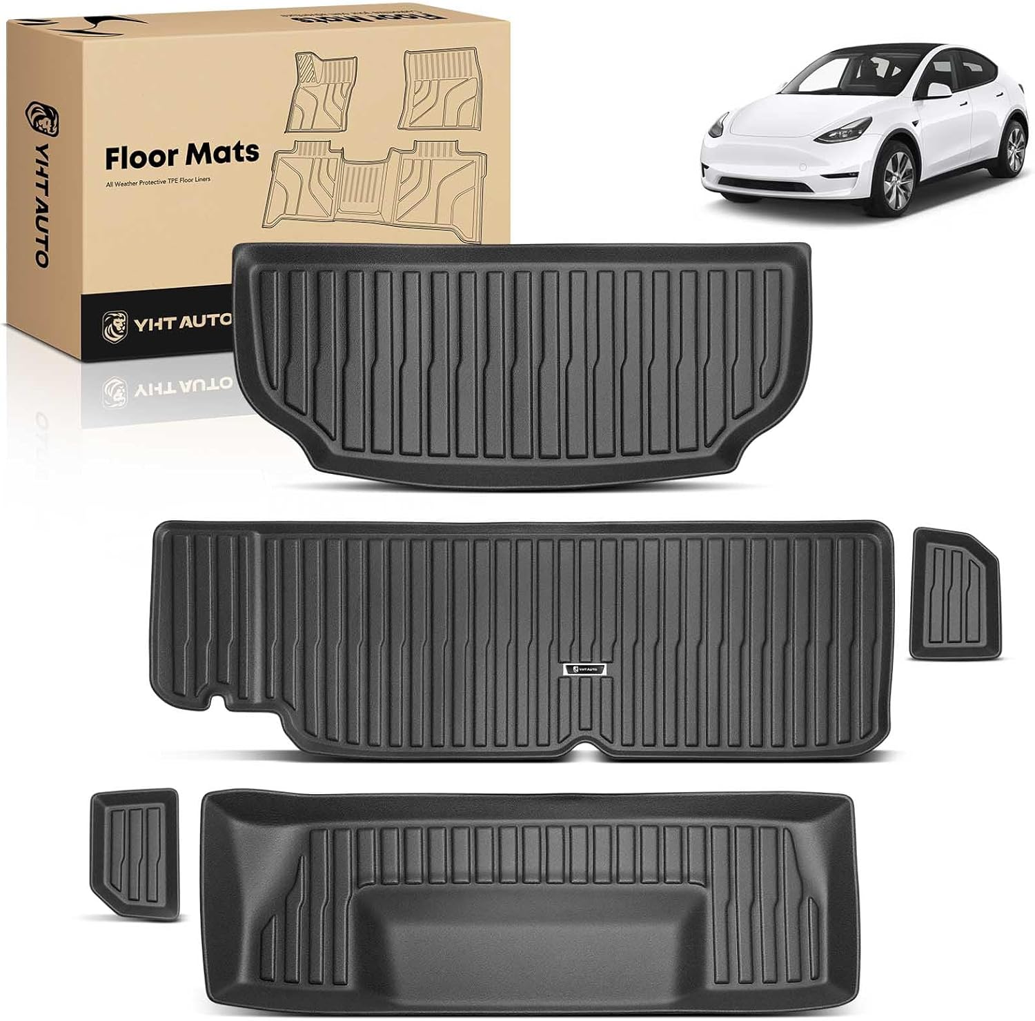 YHTAUTO 4 Pcs Cargo Mats Compatible with Tesla Model X 2022-2024 6-Seat, TPE All Weather Car Mats Waterproof Anti-Slip Odorless Cargo Liners Rear Trunk Pads