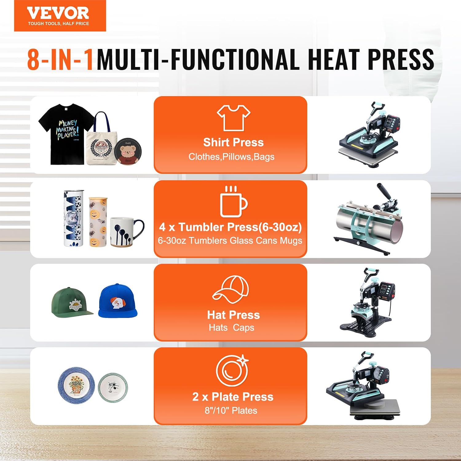 Diagram showing the 8-in-1 functionality of the VEVOR heat press for shirts, tumblers, hats, and plates.