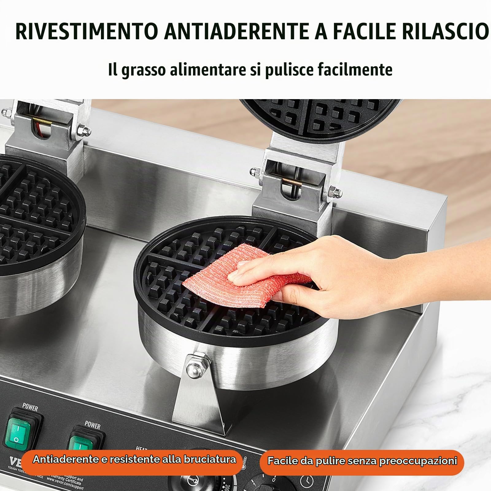 VEVOR Macchina per Waffle Commerciale Rotonda a Doppia Testa, Piastra Waffle Belga in Acciaio Inox Antiaderente 2460 W con Controllo Temperatura Tempo e Maniglia, per Ristoranti Panetterie, Snack Bar