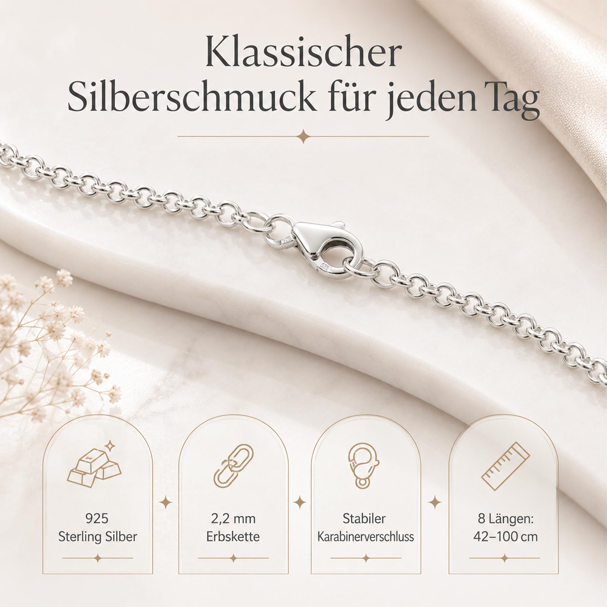 Erbskette 925 Silber Kette Damen Halskette 2,2 mm Rolo-Kette 12-0 | Silberkette in den Längen 42 45 50 60 70 80 90 100 cm verfügbar