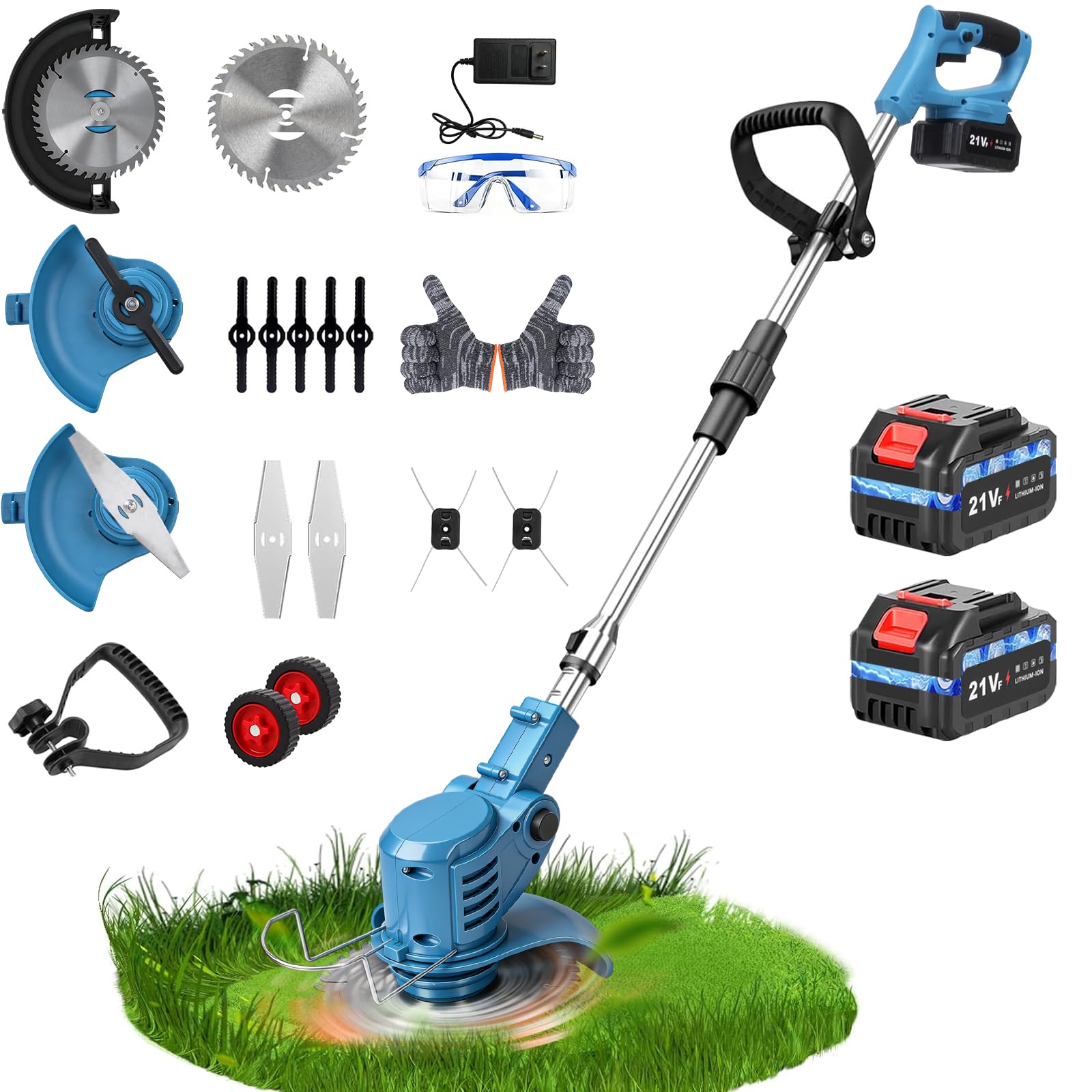 Electric Weed Wacker with Wheel,700W Cordless Weed Eater, 15000mAh Battery Powered, 4-in-1 Brush Cutter/String Trimmer/Grass Trimmer/Lawn Mower, 6 inch Edger Stringless Weed Trimmer for Garden Yard