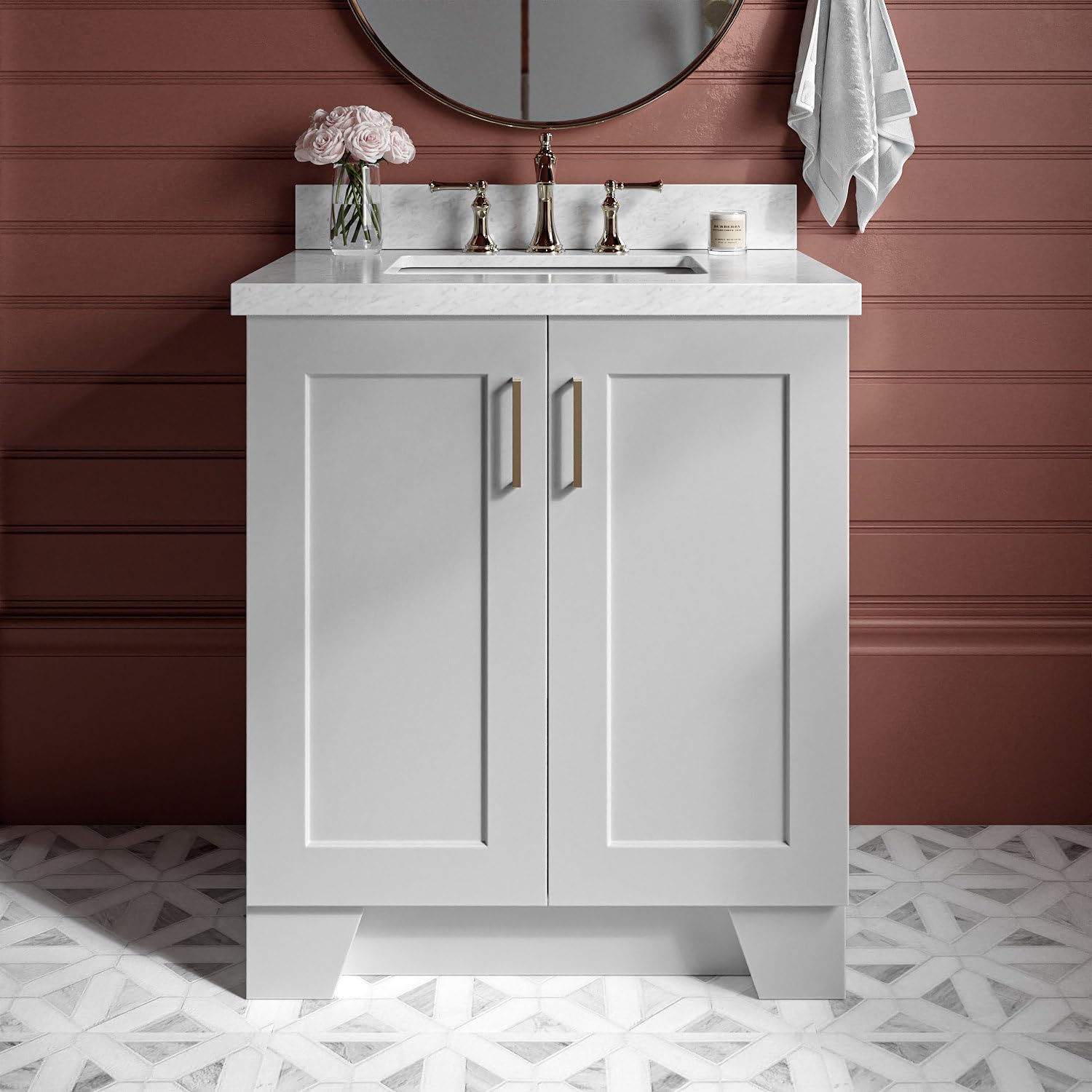 ARIEL Taylor 30-inch Bathroom Vanity with Sink,Solid Wood, 1.5-inch Italian Carrara Marble Countertop & Backsplash, Single Rectangular Porcelain Sink, 2 Soft Closing Doors, 1 Dovetail Drawers, Grey