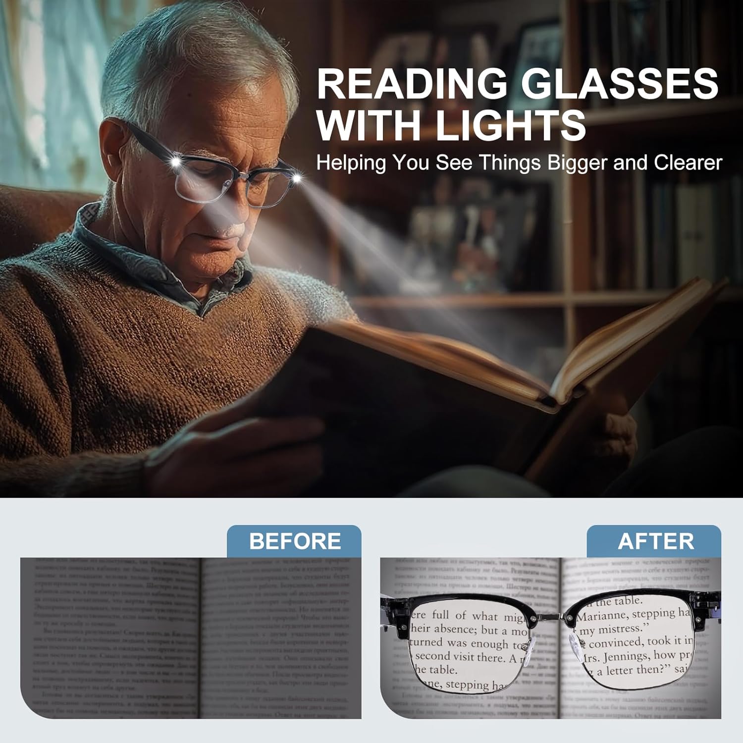 Reading Glasses with Lights USB Rechargeable Bright LED Readers Lighted Eyewear Clear Vision Unisex
