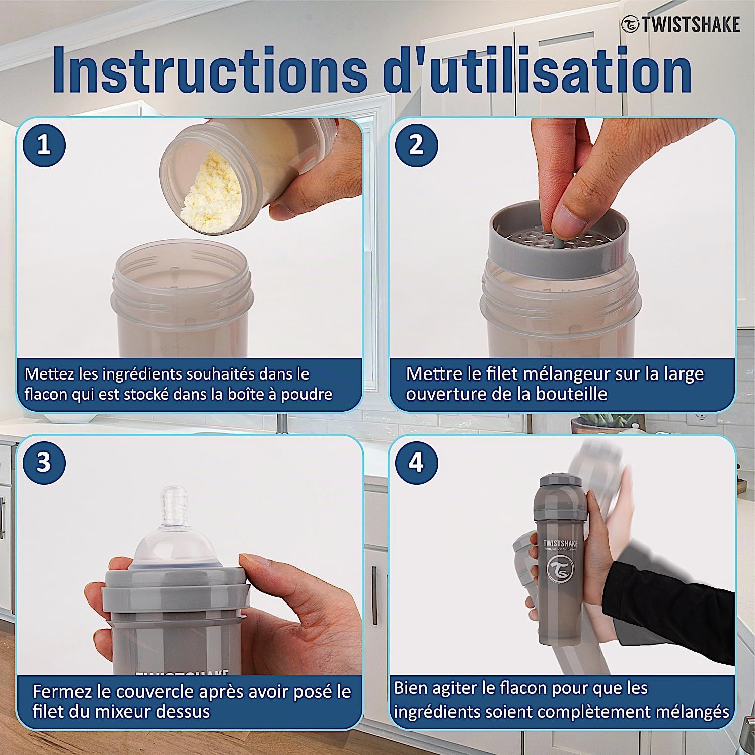 Twistshake 2x Biberón Anticólico Con Contenedor De Leche En Polvo Y Mezclador - 330ml | Tetina De Silicona De Flujo Rápido | Biberón Sin BPA | 4+ Meses | Gris