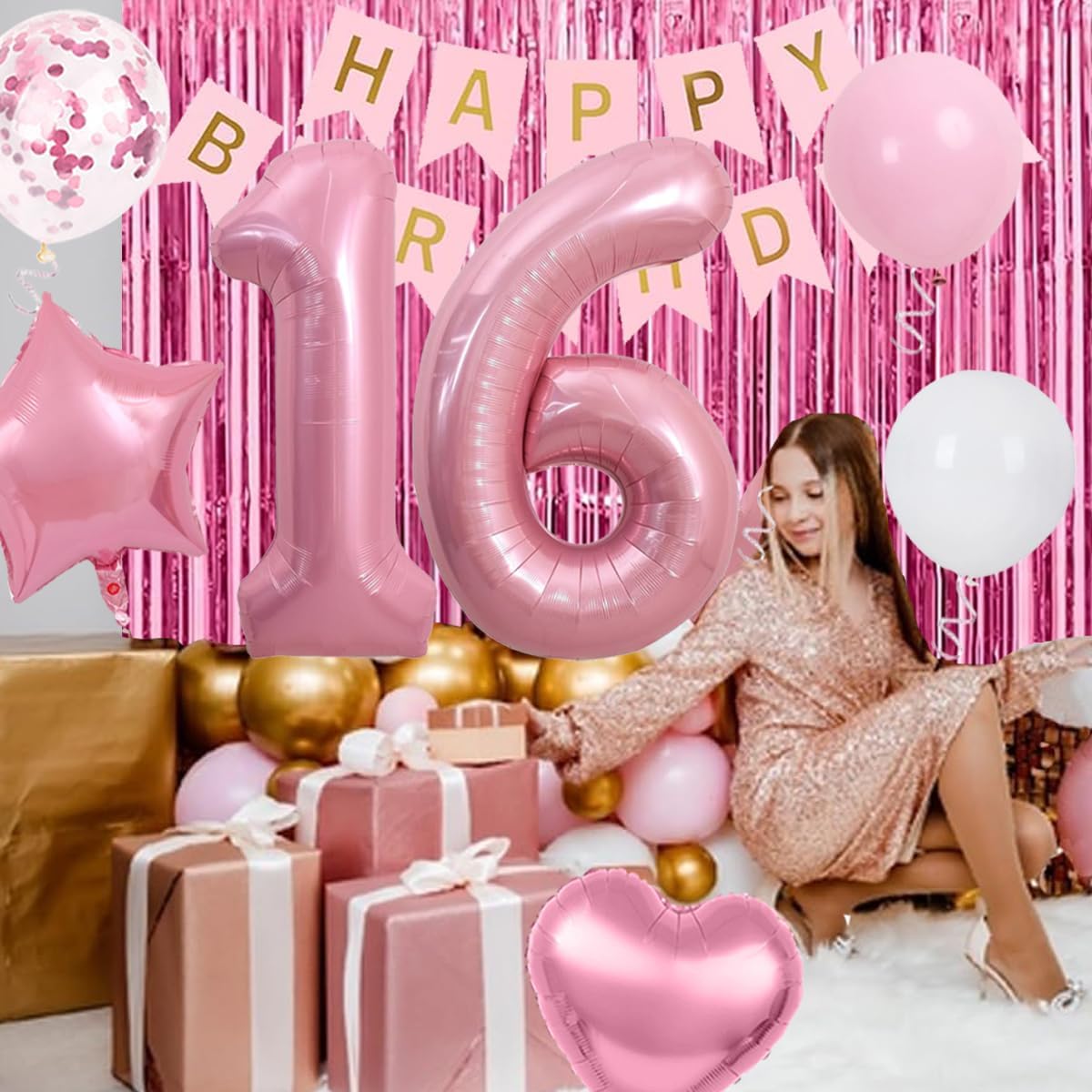 Sweet 16 Party Decorations Pink, 16th Birthday Decorations for Girls, Pink Sweet 16th Birthday Party Decoration for Her, 16th Happy Birthday Banner, for Girls Women 16th Birthday Party Supplies - Image 6